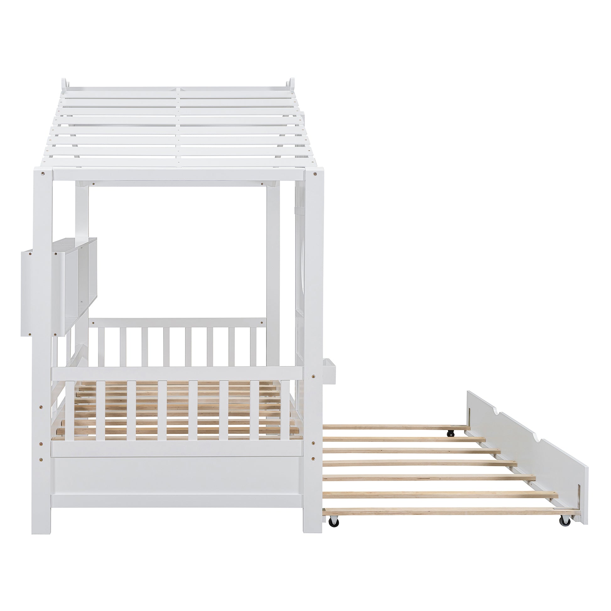 Wooden Twin Size House Bed With Trundle, Modern Design For Kids With Storage Shlef, White Twin White Solid Wood