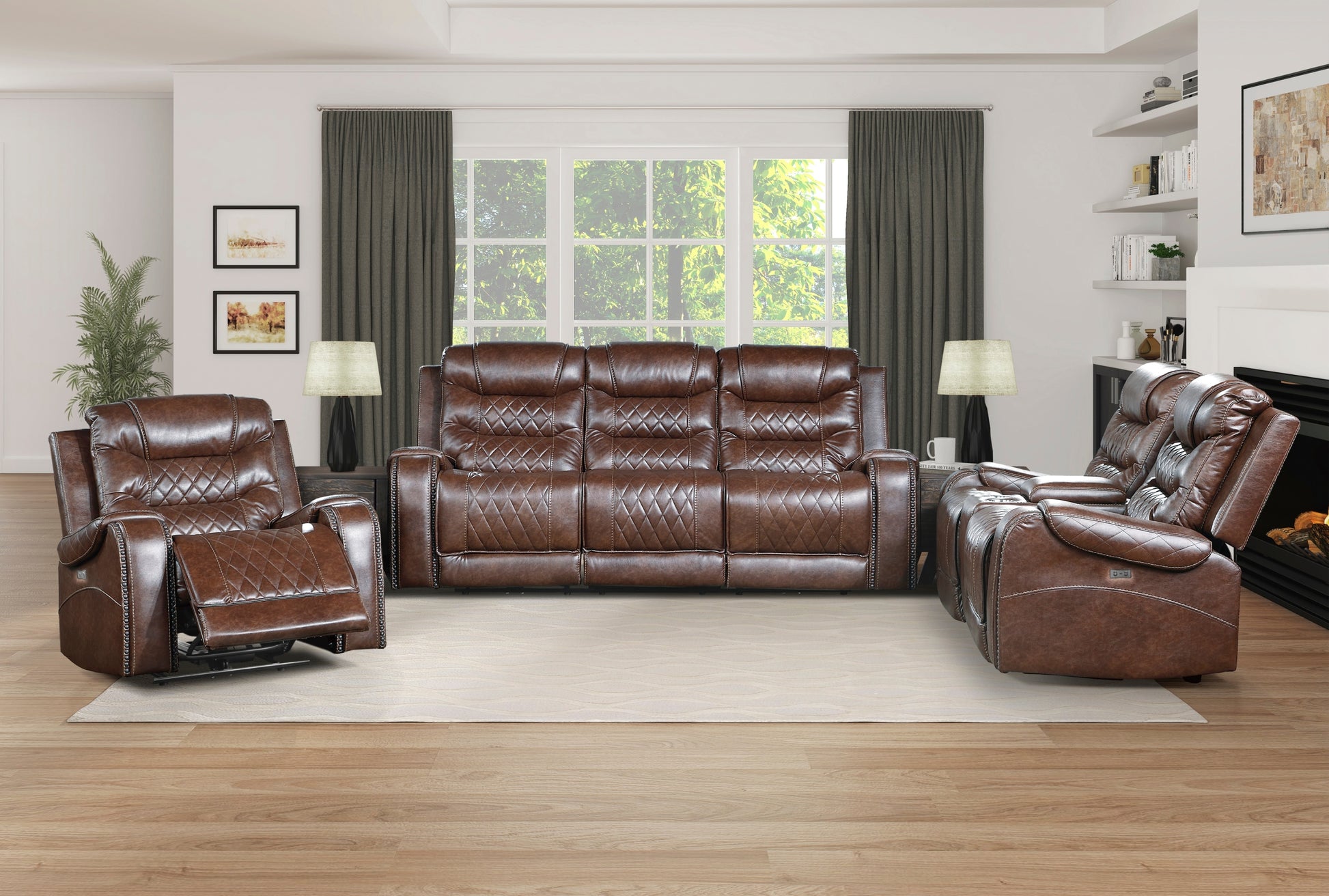 Luxurious Living Room Furniture Brown Diamond Pattern Stitching 1Pc Power Double Reclining Sofa With Center Drop Down Cup Holders, Usb Ports,Faux Leather Upholstery Brown Faux Leather Wood Primary Living Space Luxury,Modern Solid Wood 3 Seat