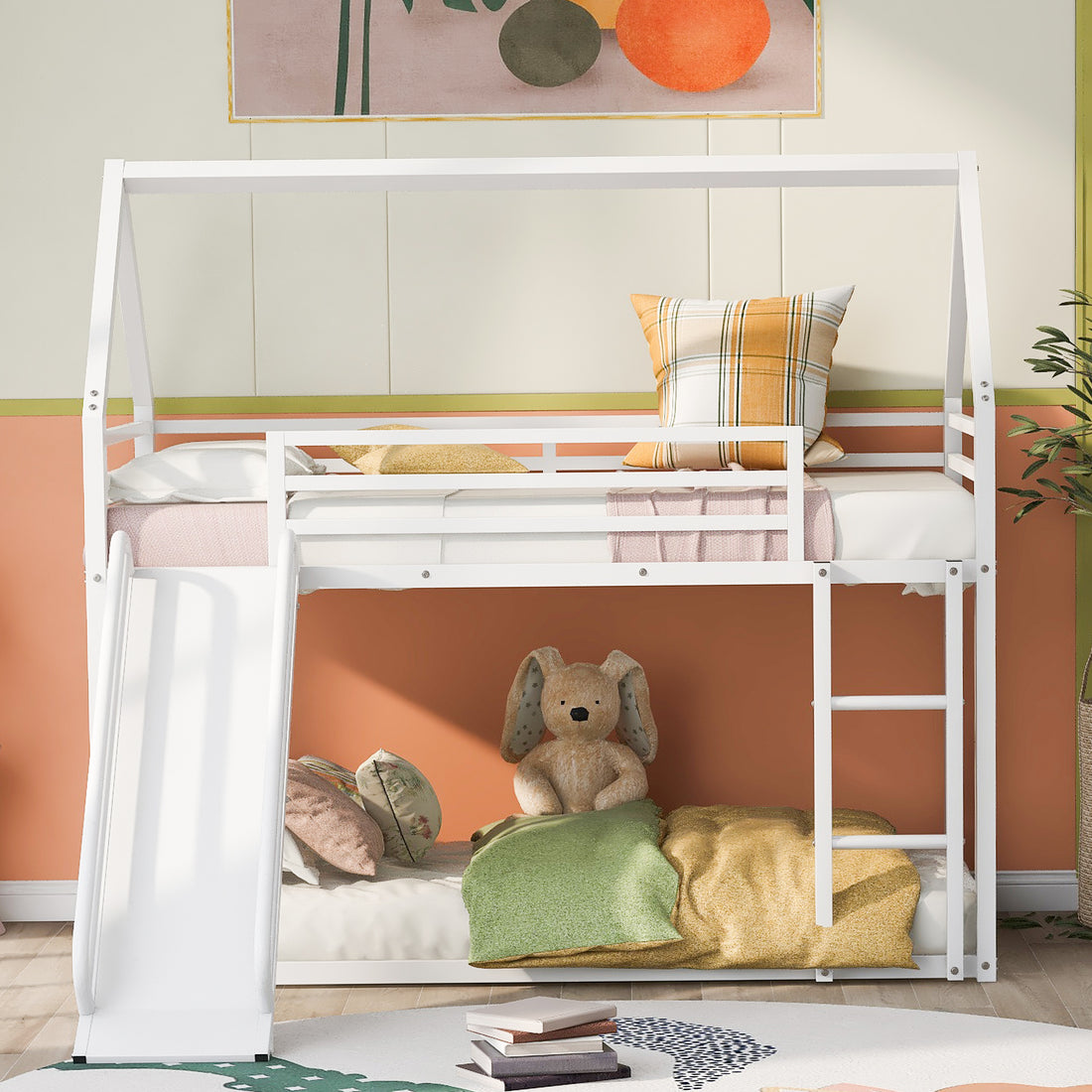 Twin Over Twin House Bunk Bed With Ladder And Slide,White Twin White Metal