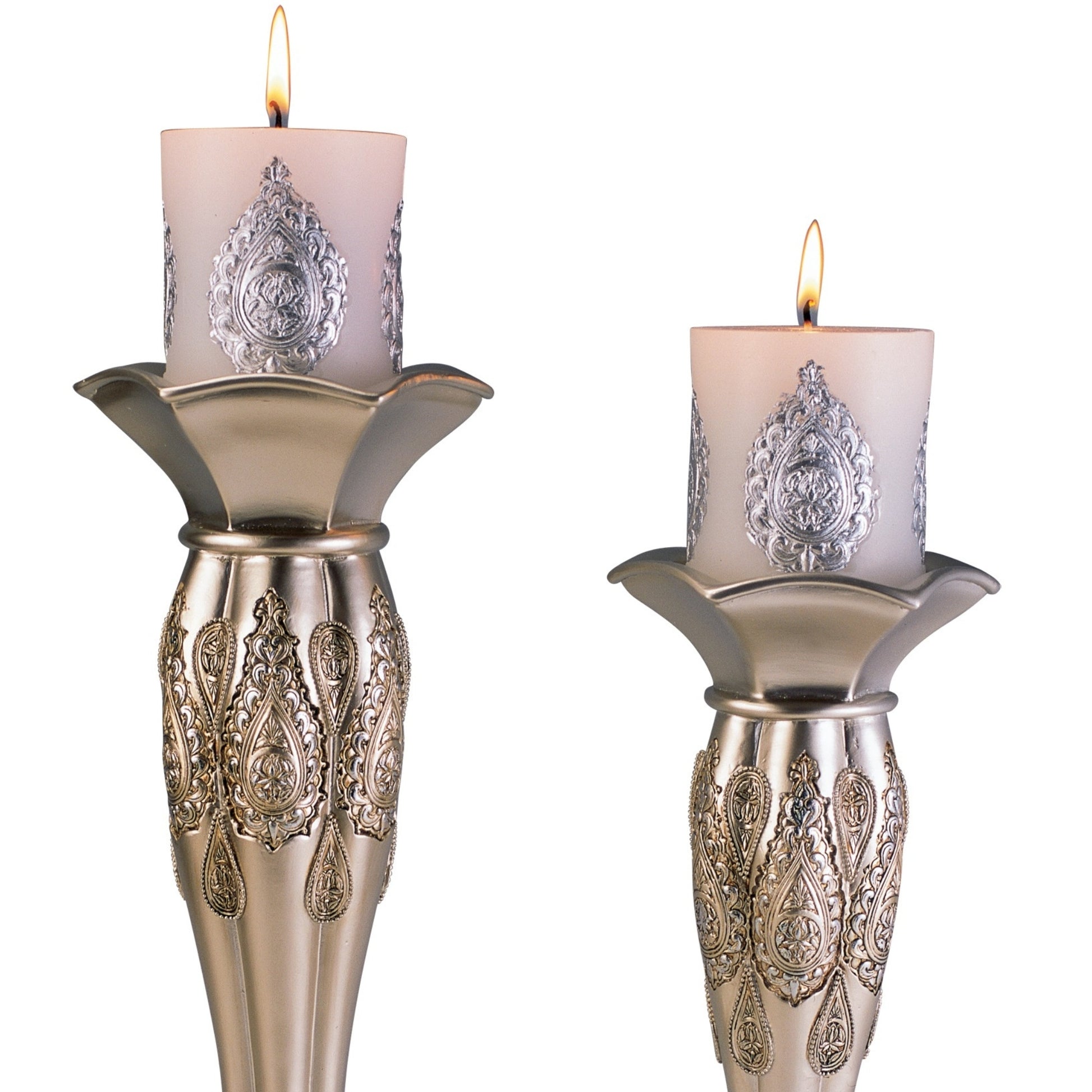 12" And 14" Tall Polyresin Candleholder, Silver Royal Design Set Of 2 Silver Polyresin