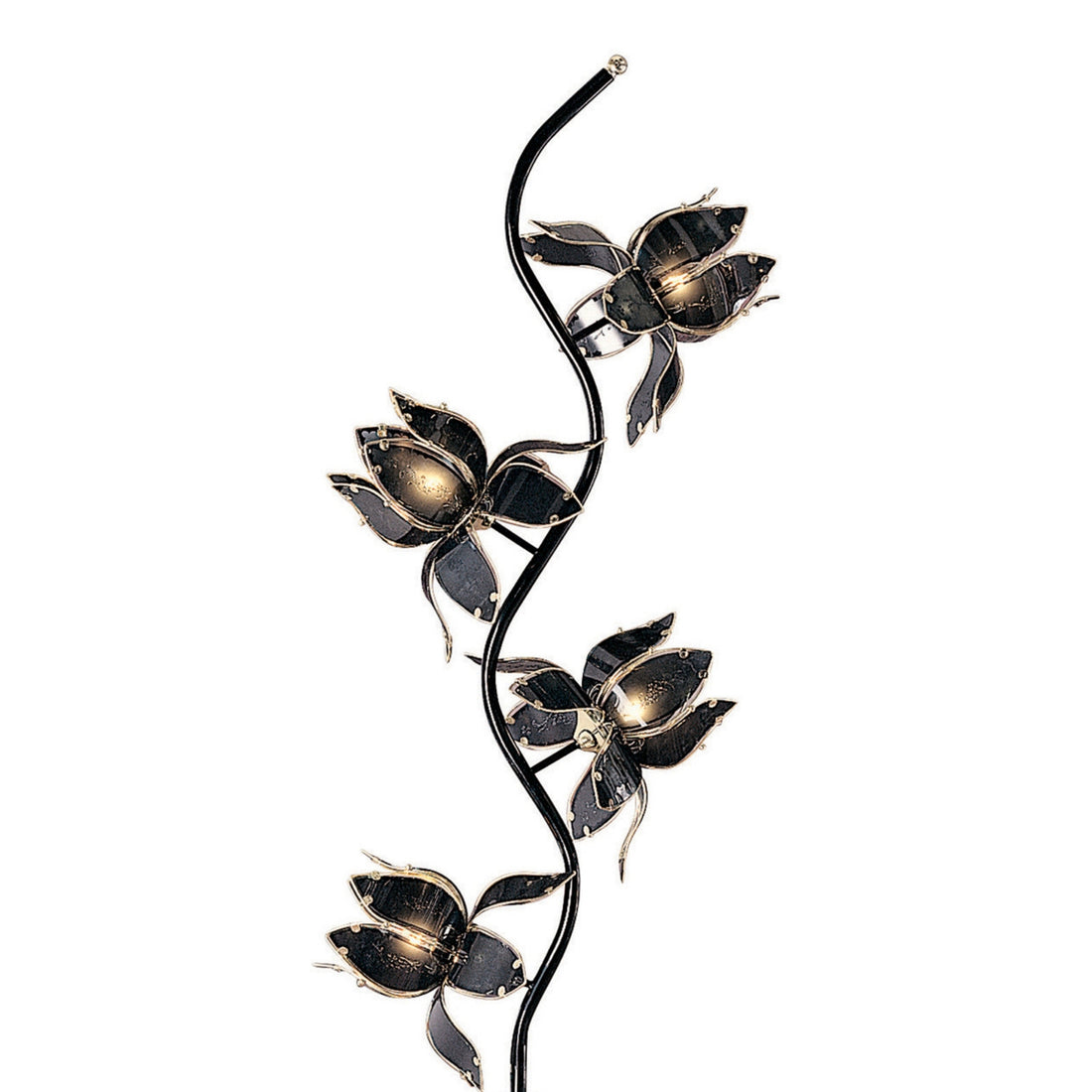 73" Tall Floor Lamp, 4 Black And Gold Flower Shaped Lights With Crystal Accents Black Metal