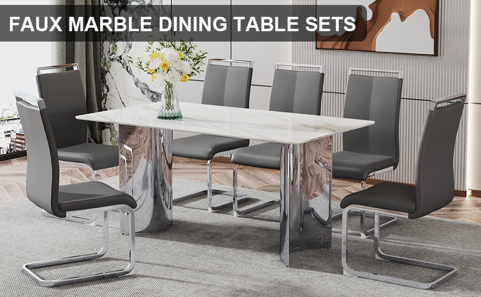Modern Minimalist Dining Table. Imitation Marble Glass Sticker Desktop, Stainless Steel Legs, Stable And Beautiful. 6 Premium Pu Seats. 63 Inches * 35.4 Inches * 29.5 Inches Dt 69 C 1162 Silver Glass