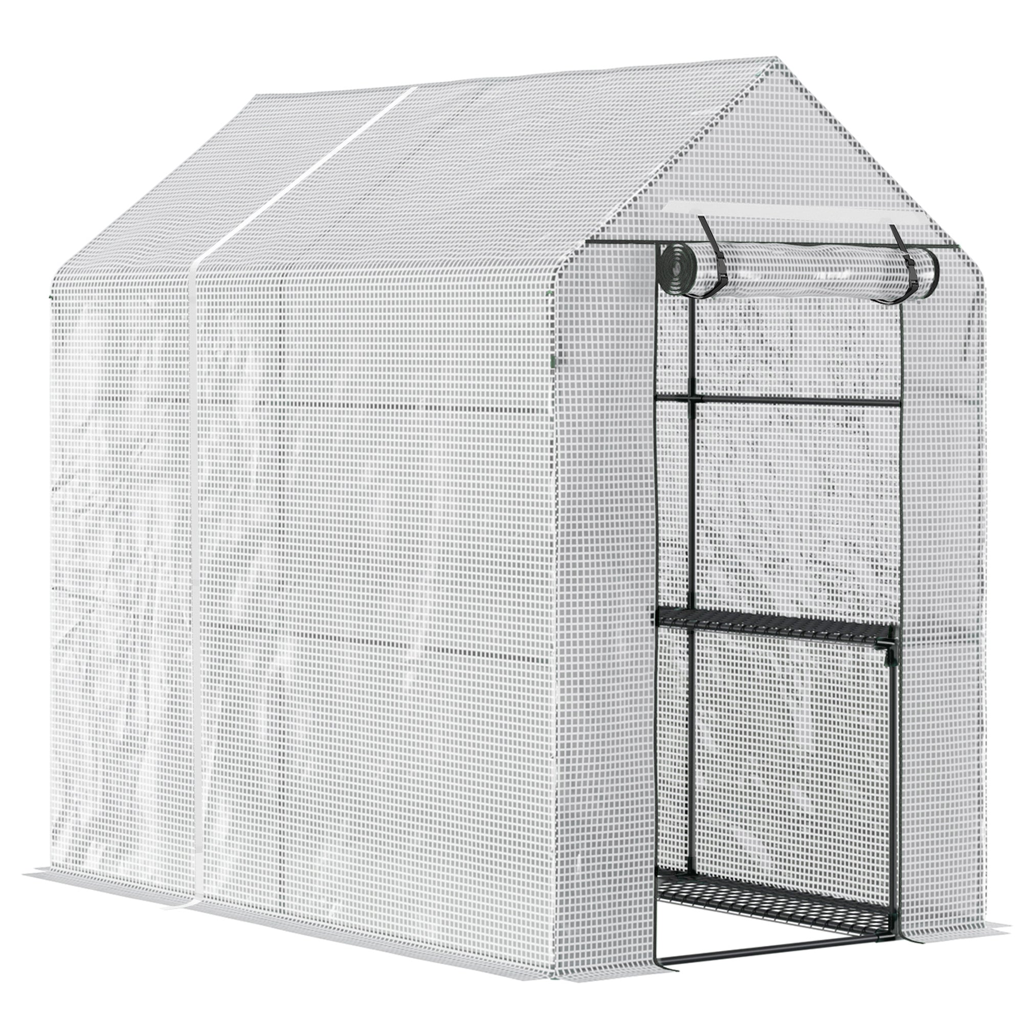 Outsunny 47.25" X 73.25" X 74.25" Walk In Greenhouse, Outdoor Portable Plant Flower Growing Warm House With Roll Up Door And 4 Shelves, White White Plastic