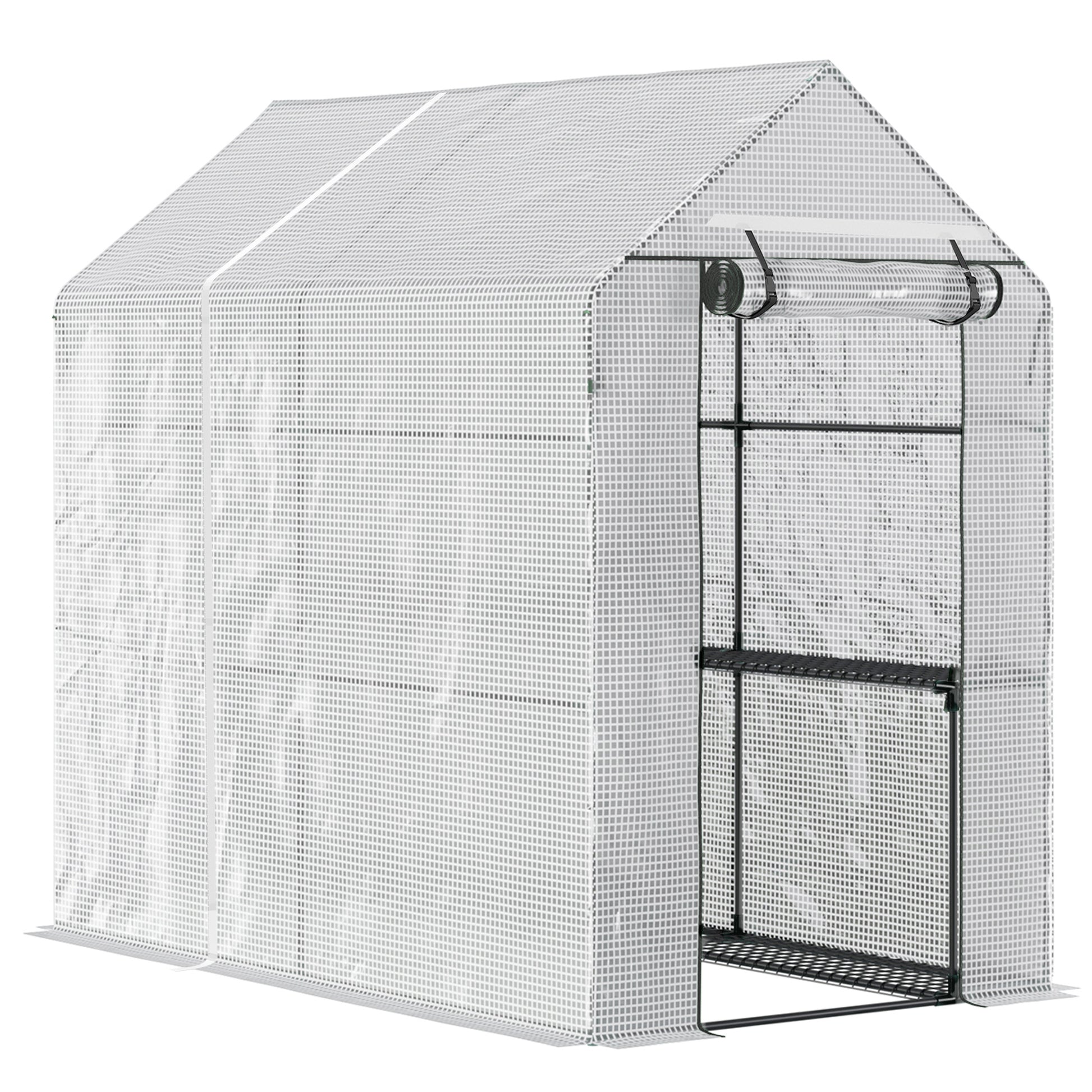 Outsunny 47.25" X 73.25" X 74.25" Walk In Greenhouse, Outdoor Portable Plant Flower Growing Warm House With Roll Up Door And 4 Shelves, White White Plastic