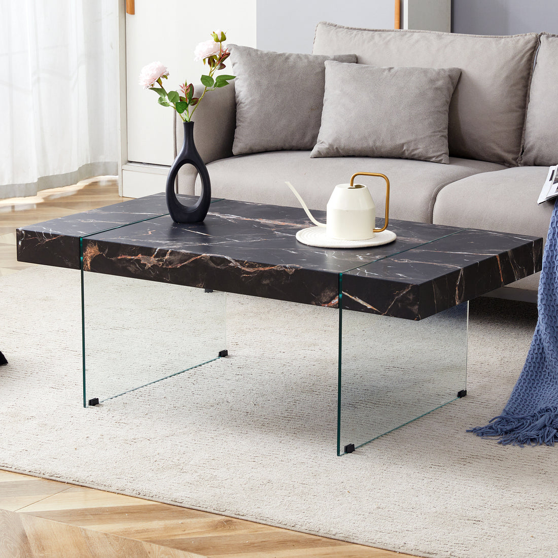 43.3"X23.6" Black Marble Patterned Mdf Coffee Table With Tempered Glass Legs.Suitable For Living Room.It Can Be Used Not Only As A Coffee Table But Also As A Side Table Or Display Stand.