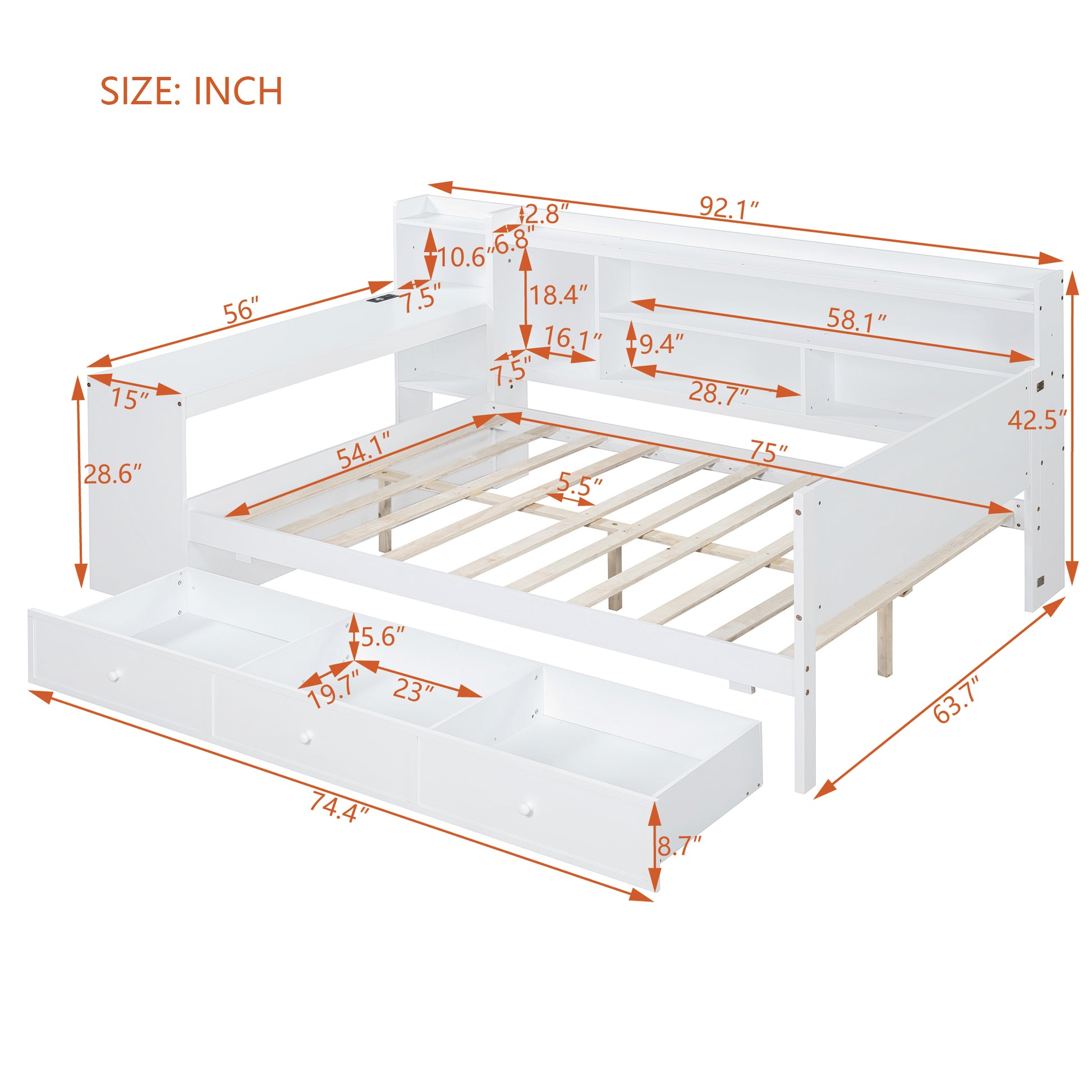 Full Size Wooden Daybed With 3 Drawers, Usb Ports And Desk ,White Twin White Wood