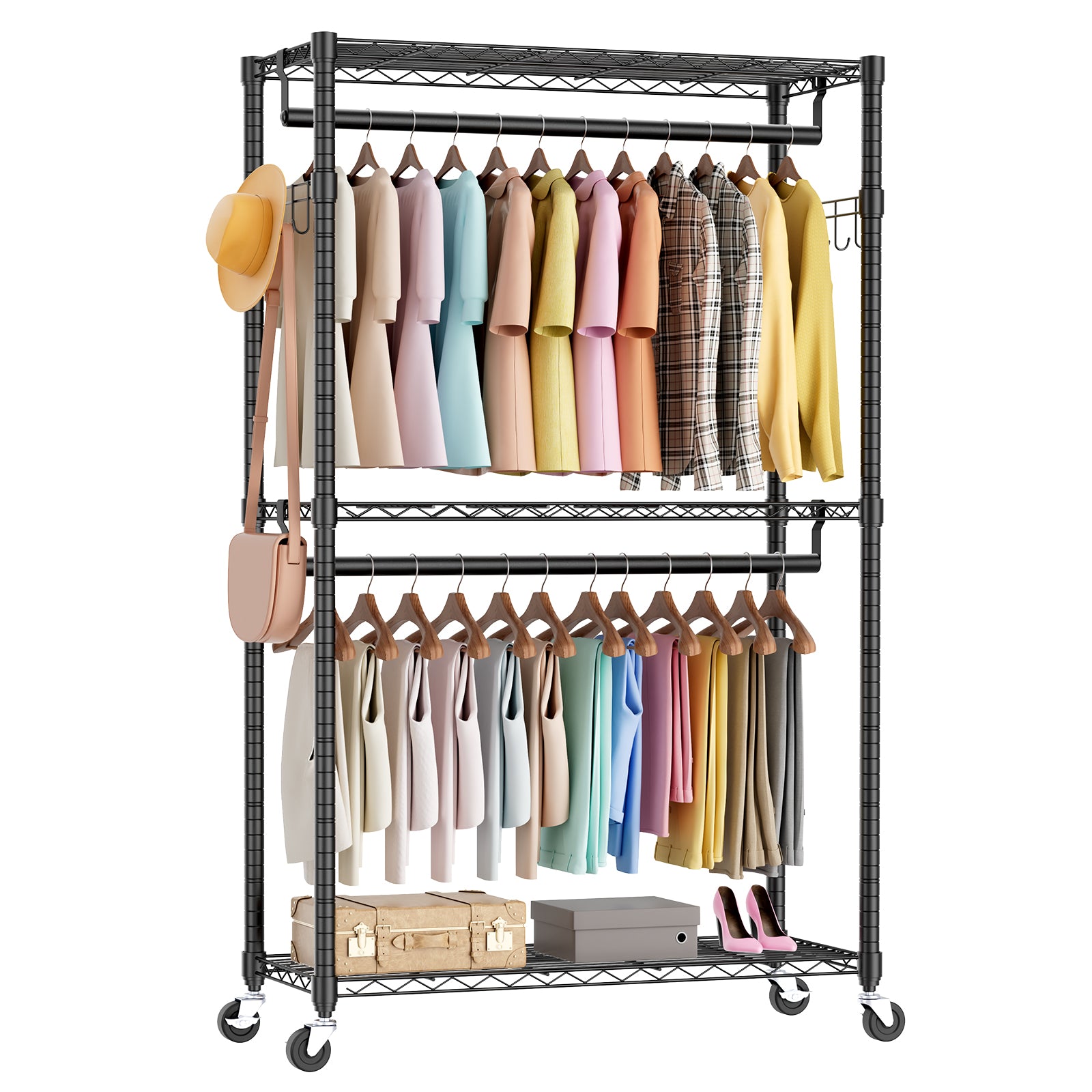 Rolling Clothes Rack, Heavy Duty Garment Racks 3 Tiers Portable Adjustable Wire Shelves With Wheels, Hanging Rods & Side Hooks Metal Freestanding Clothing Wardrobe Closet Black Black Iron