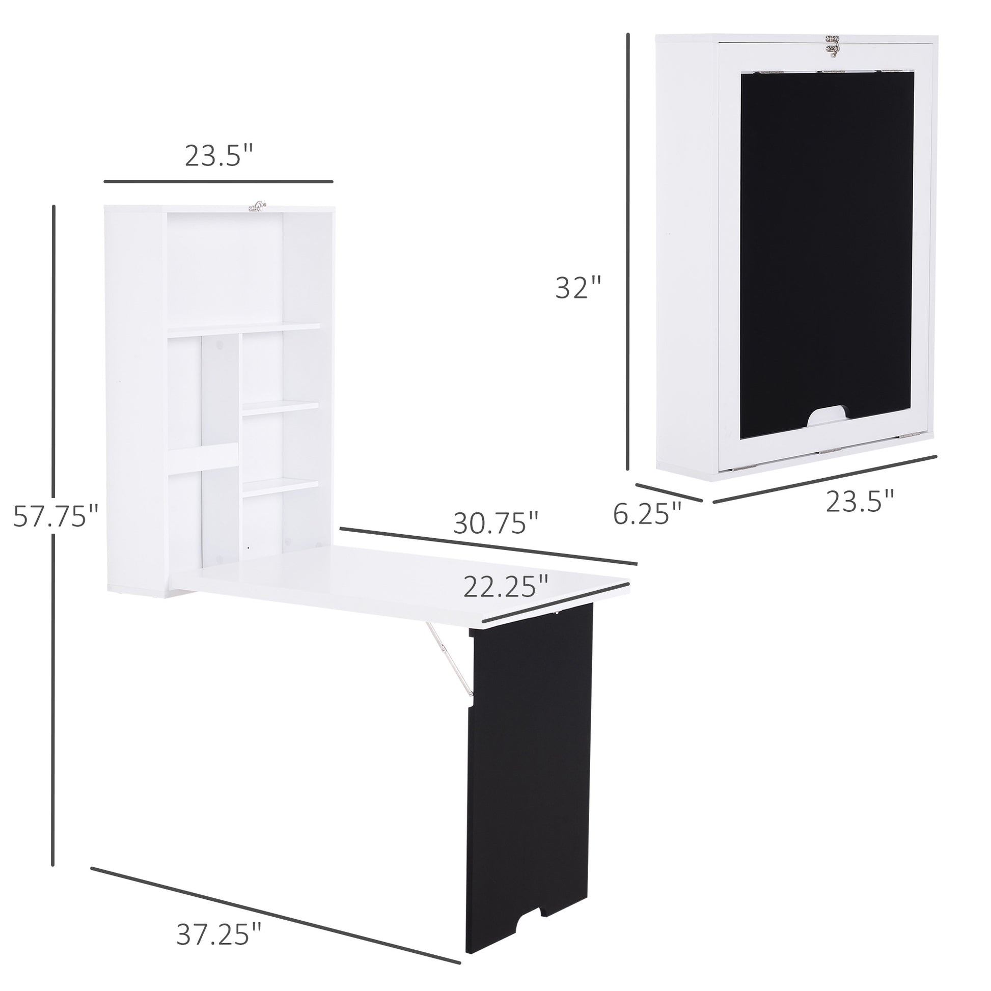 Homcom Wall Mounted Foldable Desk With A Blackboard, Fold Out Convertible Floating Desk With Shelves, White White Black Mdf