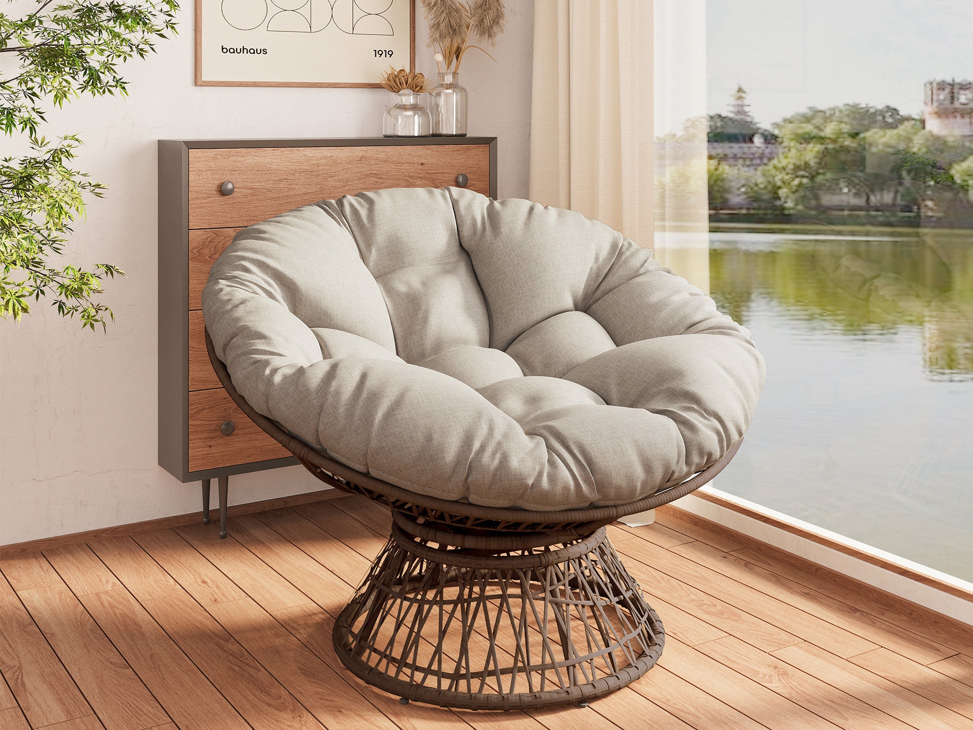 41.5" Ergonomic Wicker Chair With Cloud Thick Density Fabric Cushion,3 Proof Cover,High Capacity Iron Frame,Fluid 360 Degree Swivel For Reading,Living Room, Bedroom,Lounge,Brown Base,2 Colors