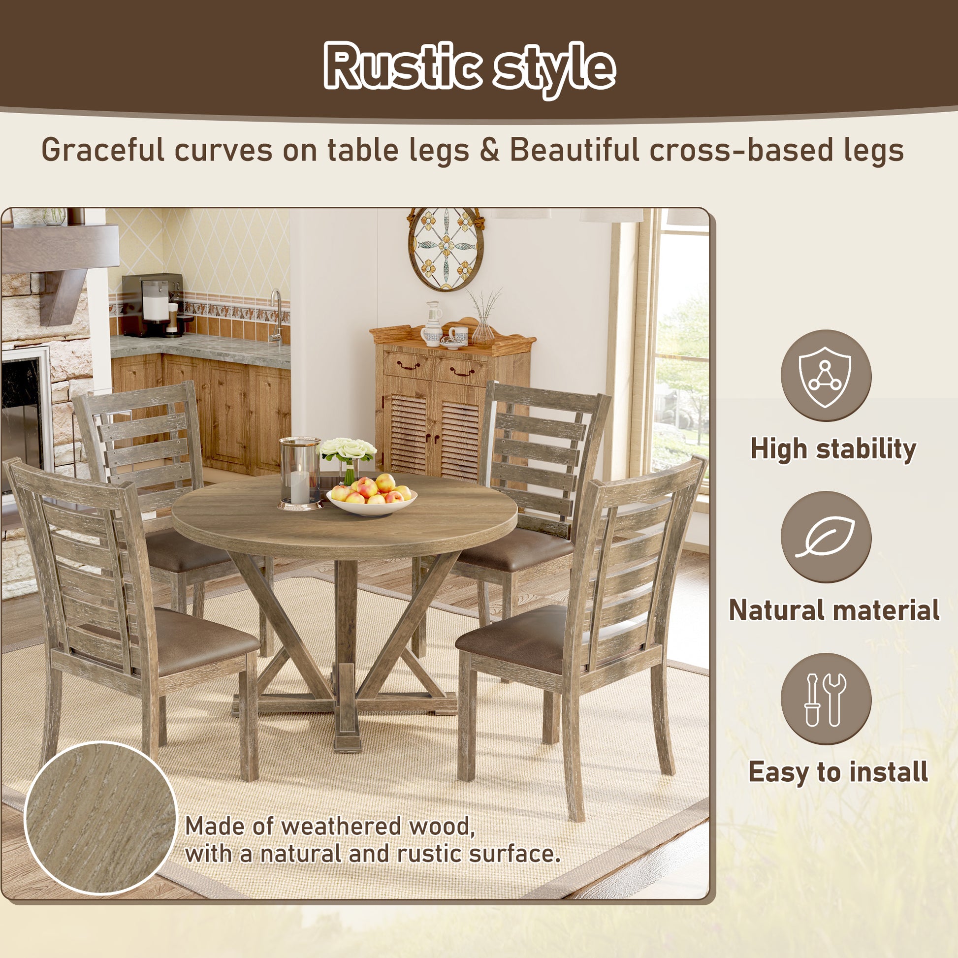 Modern Farmhouse Round Dining Table 45.7Inch Solid Wood Rubberwood Antique Finishing Rustic Look Distressed Look Wire Brushed For 4 Seaters Grayish Brown Light Brown Distressed Finish Dining Room Antique,Farmhouse,French Country,Rustic,Vintage Rubberwood