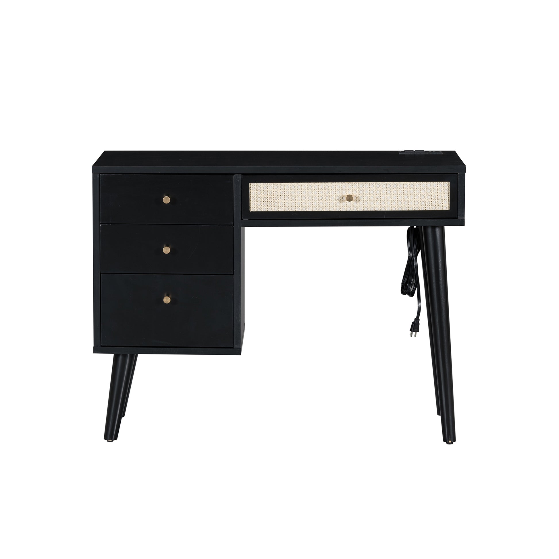 3 Pieces Bedroom Set With Queen Size Wooden Bed Frame, 1 Vintage Nightstand And 1 Makeup Vanity Set With Stool,Black Expected Arrival Time: 08.23 Queen Black 3 Piece Set Wood