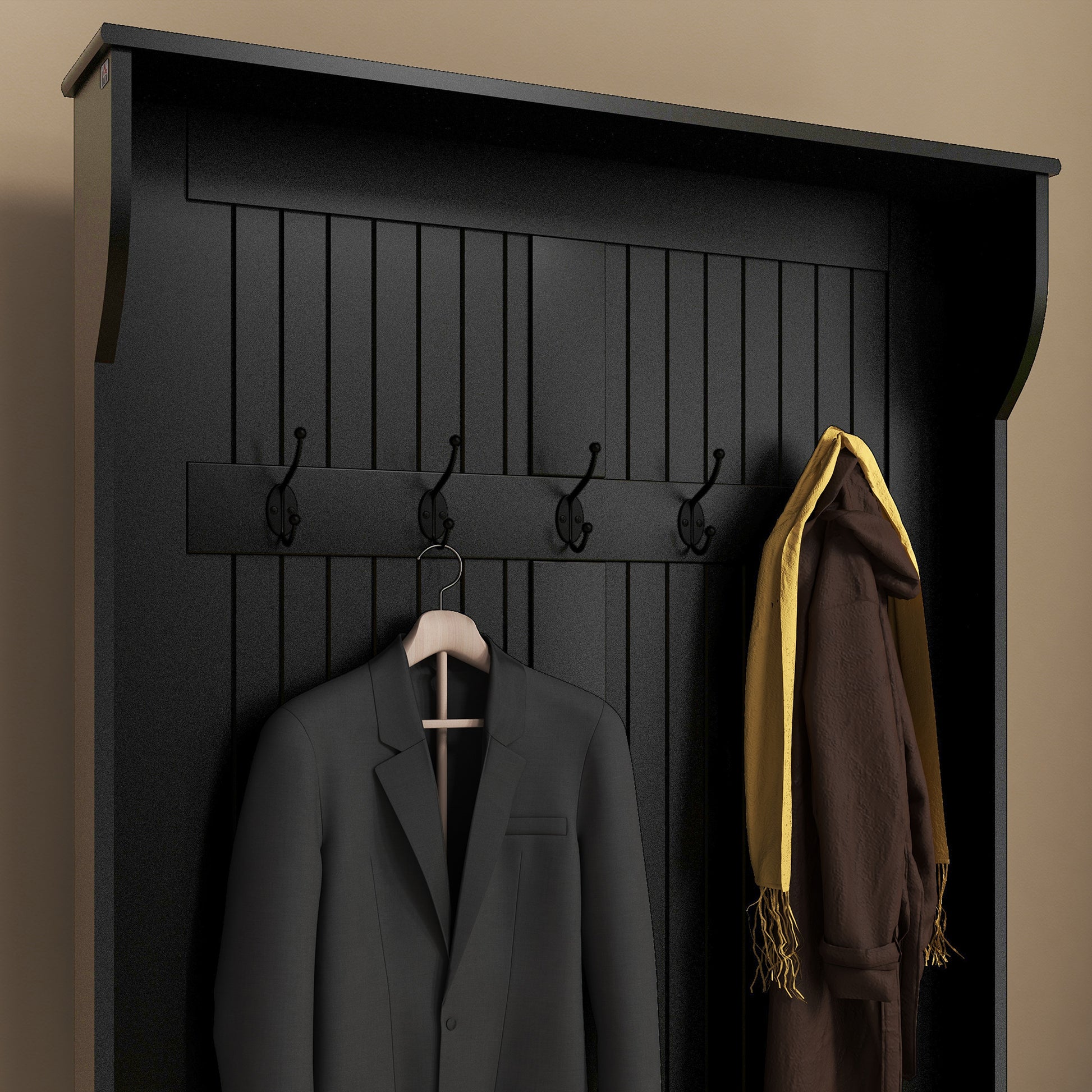 Homcom 3 In 1 Entryway Hall Tree With Storage Bench, Coat Rack With Four Hooks And Shoe Storage, Black Black Mdf
