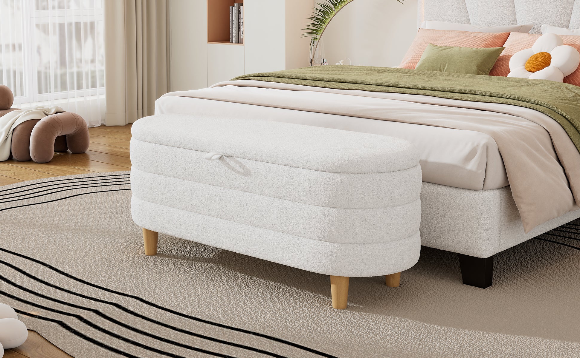 Elegant Upholstered Sherpa Fabric Storage Ottoman With Wood Legs, Storage Bench For Bedroom, Living Room, White White Wood