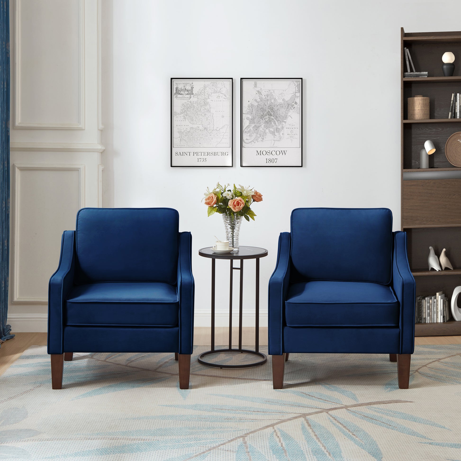 Modern Armchair, Living Room Single Seat Sofa Chair With Wooden Legs, Upholstered Velvet Accent Chair For Living Room, Bedroom,Navy Navy Espresso Velvet Wood Primary Living Space Medium Soft Cushion Back American Design Rubberwood Square Arms Foam Velvet
