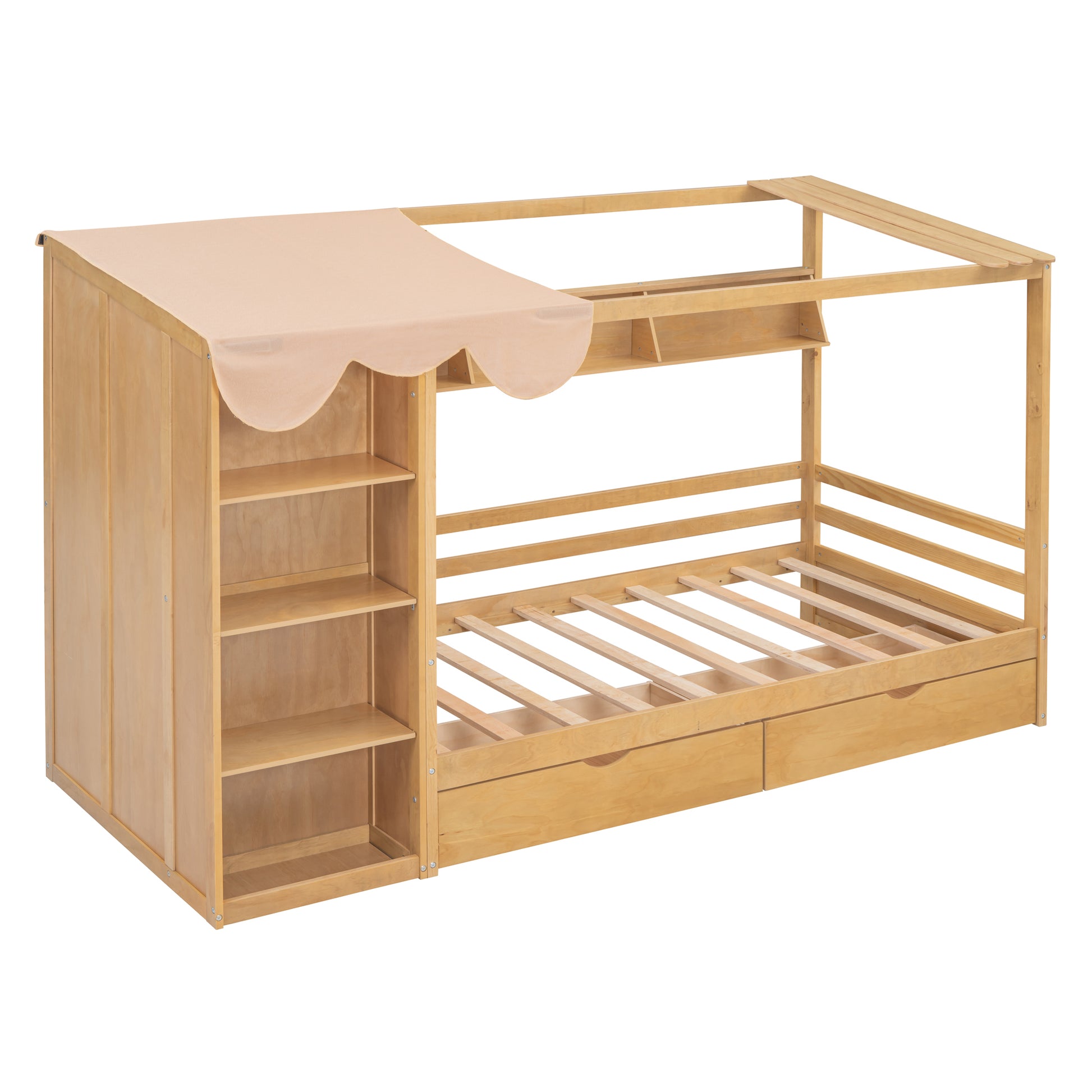 Twin Size House Bed With Two Drawers And Wardrobe,Natural Twin Natural Solid Wood