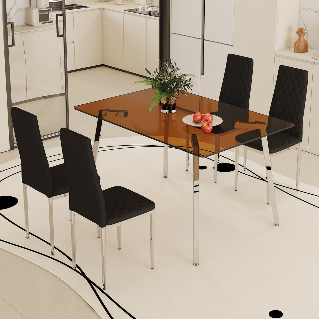 Table And Chair Set.Large Modern Rectangular Table With Brown Glass Top And Silver Metal Legs. Paired With 4 Black Chairs With Checkered Armless High Back Pu Cushion And Silver Metal Legs. Black,Silver Seats 4 Glass Metal