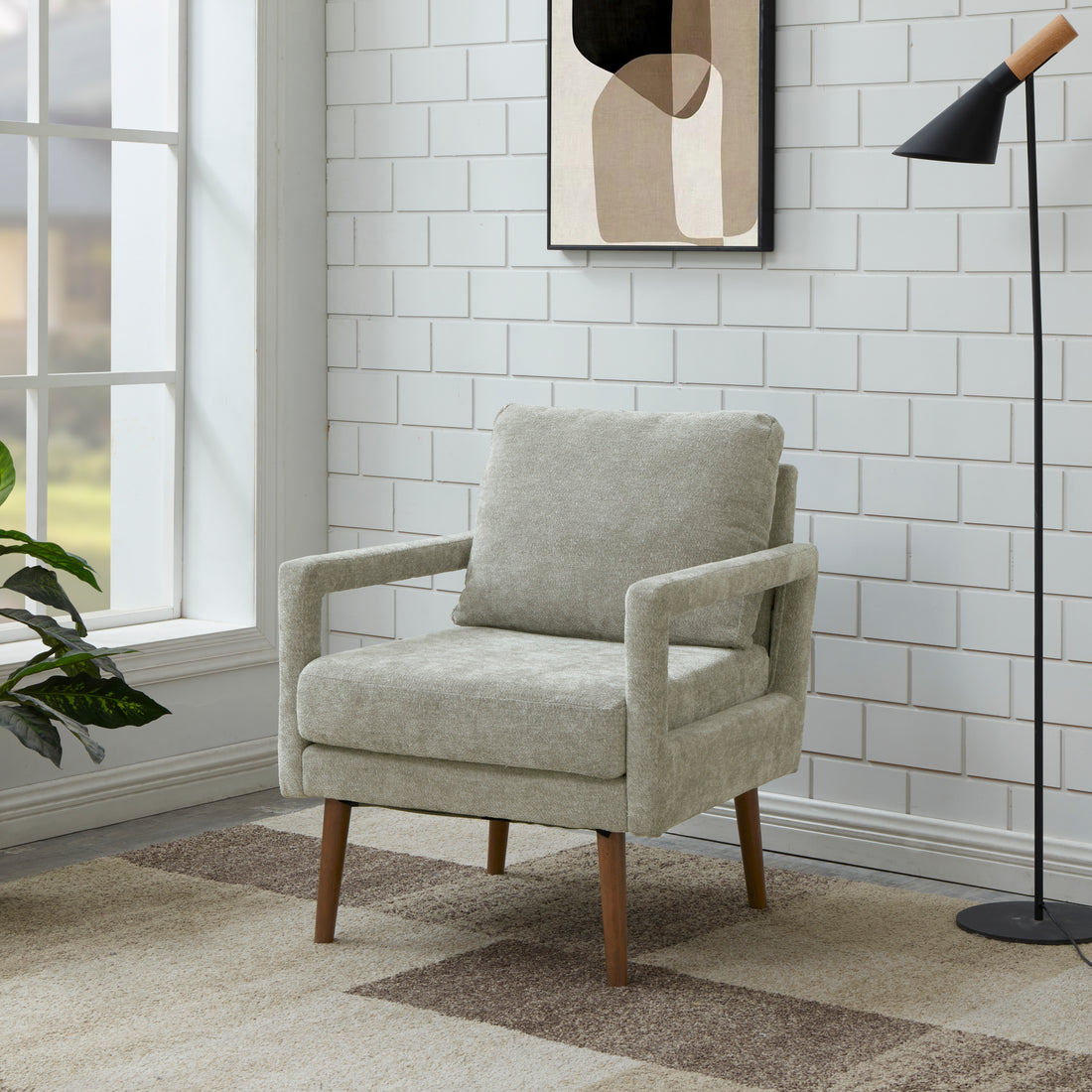 Mid Century Armchairaccent Chair With Chenille Armrest & Soft Cushion For Living Room, Bedroom, Home Office, Study, Light Grey Gray Foam Wood Fabric