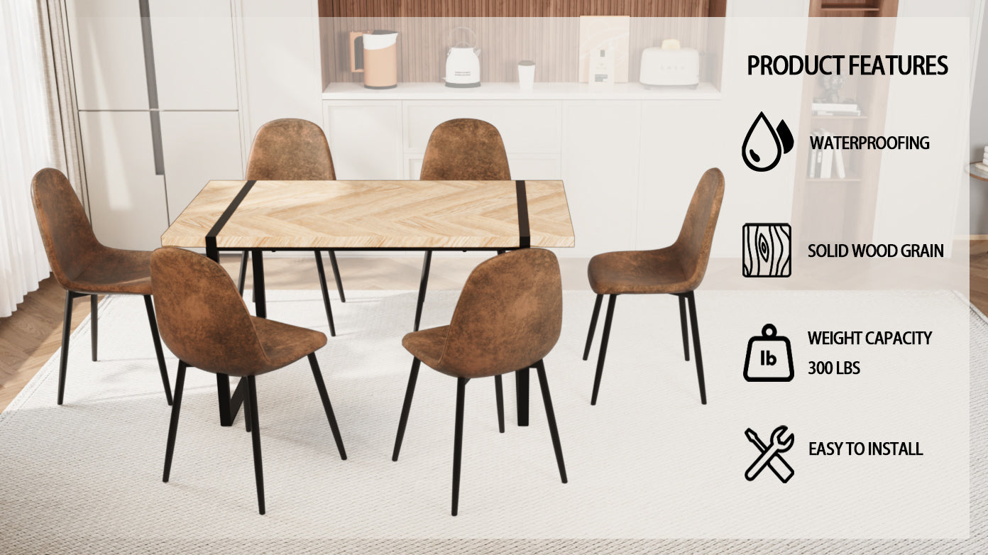 Mdf Light Wood Dining Table And Modern Dining Chair Set Of 8 Pieces, Medieval Wooden Kitchen Dining Table Set, Black Metal Base, Dining Table And Suede Chair Set Buy 6 Chairs And Get 2 Free Brown