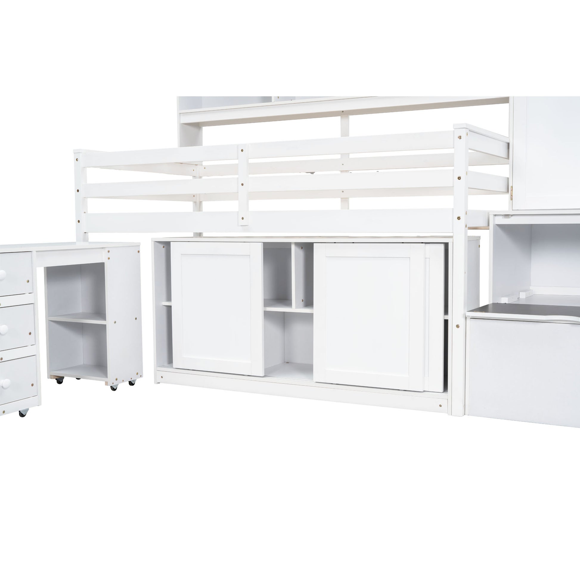 Twin Size Wooden Loft Bed Big Storage With Under Bed Desk, With Drawers, With Shelves, White Twin White Plywood