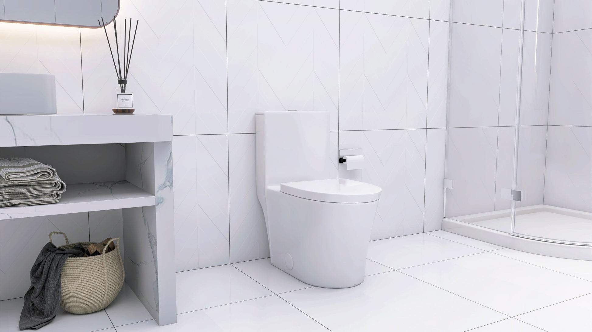 Elongated One Piece Toilet White White Bathroom Modern Porcelain