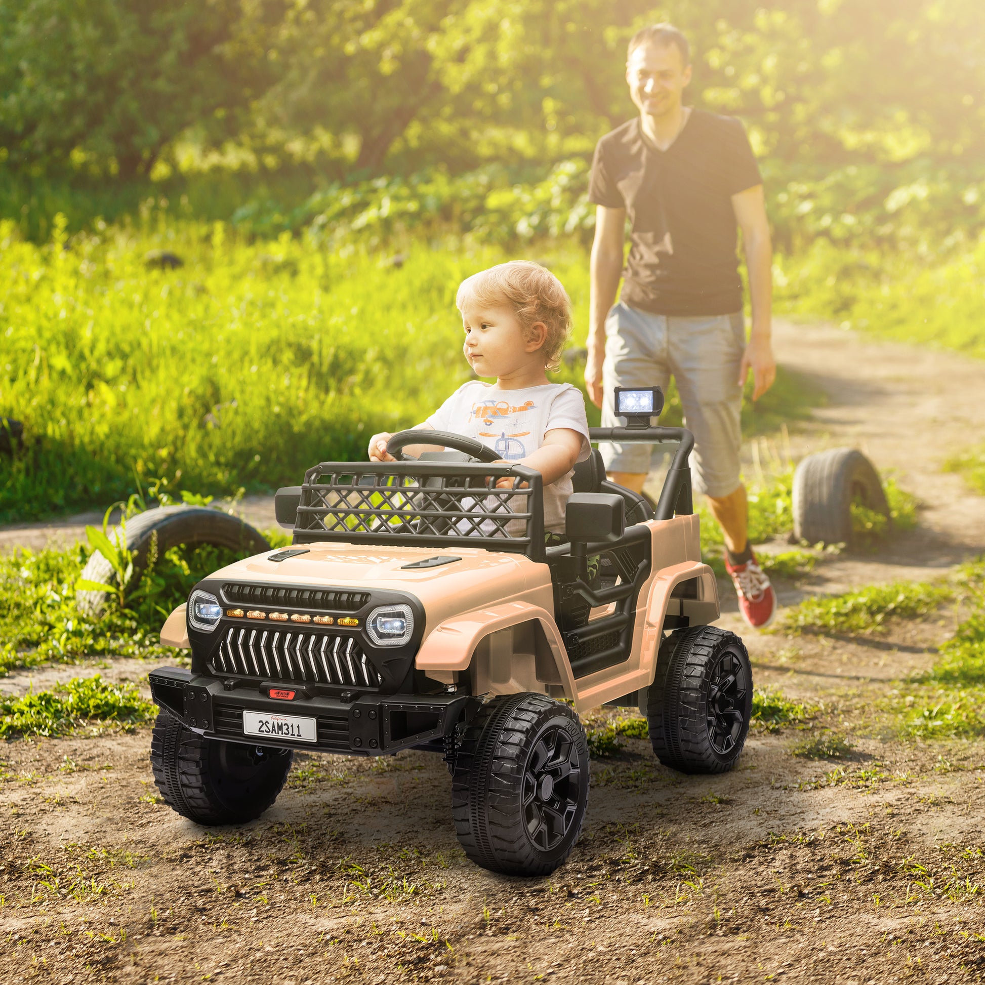Qaba 12V Ride On Truck, Battery Powered Kids Electric Car Utv With 4 Suspension Wheels, Remote Control, 3 Speeds, Led Headlights, Horn, Usb Music, Khaki Khaki Plastic