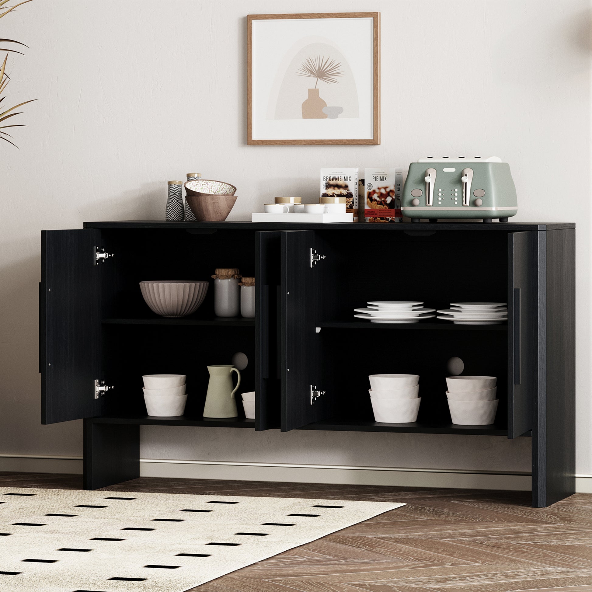 4 Door Large Storage Retro Sideboard With Adjustable Shelves And Long Handles For Kitchen, Dining Room And Living Room Black Black Mdf