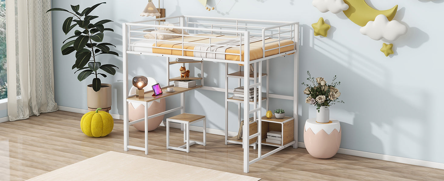 Full Size Loft Bed With Desk And Stool, Metal Loft Bed With Open Style Wardrobe, Shelves And Cabinet, White Full White Metal & Wood