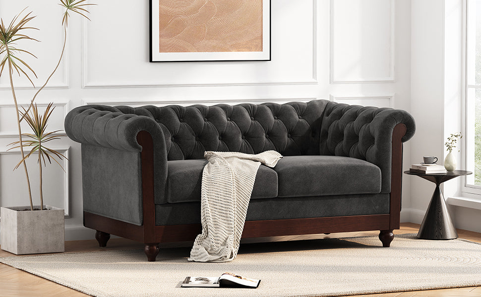 Vivalux 59.44" Chesterfield Velvet Loveseat Sofa,2 Person Rolled Arm Dutch Plush Upholstered Sofa Couch With Tufted Button For Living Room, Bedroom, Small Places,Dark Gray Dark Gray Espresso Velvet Wood Primary Living Space Soft Tufted Back