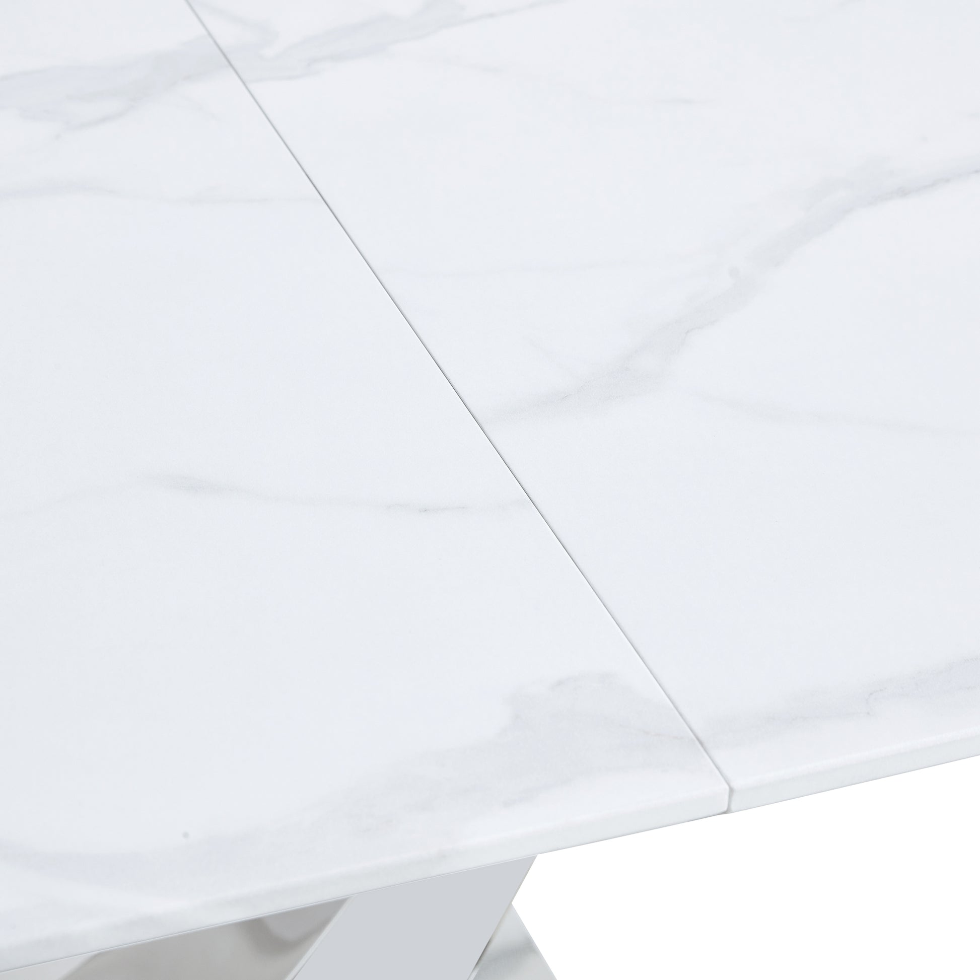 Modern Minimalist Rectangular Dining Table,White Marble Patterned Tabletop,Silver Table Legs. Used In Kitchen,Dining Room,And Living Room. Silver Mdf