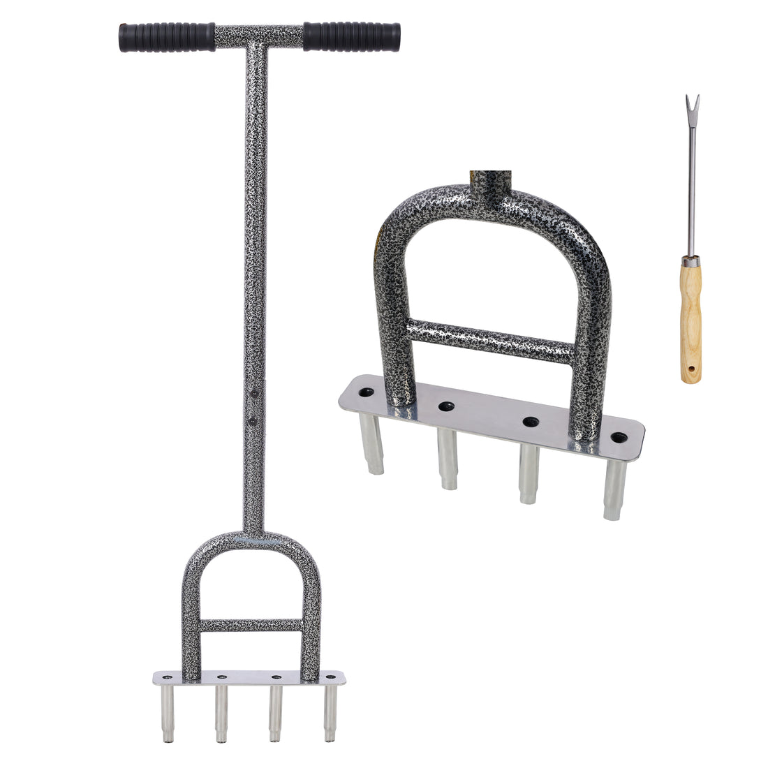 Lawn Coring Aerator, 4 Corer Plug Aerator Tool With Soft Rubber Grip, Manual Grass Aerating Tool, Garden Tool & Cleaning Hand Tool For Loosening Soil And Improving Lawn Health Gray Steel