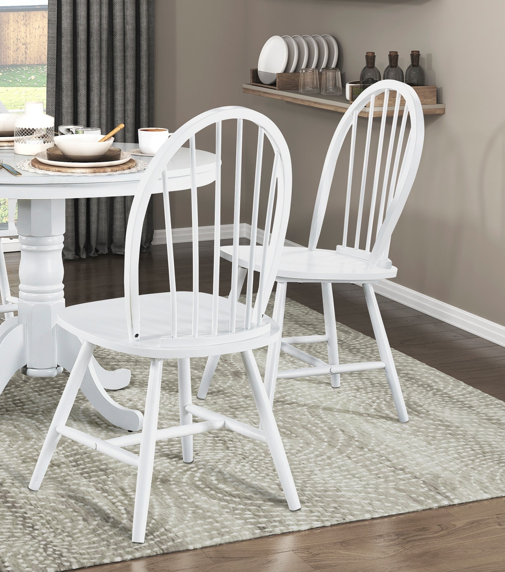 White Finish 5Pc Round Dining Table Set With 4 Windsor Chairs Farmhouse Style Wooden Furniture Casual Dining Kitchen Breakfast Nook Wood Wood White Seats 4 Wood Dining Room Casual,Farmhouse Pedestal