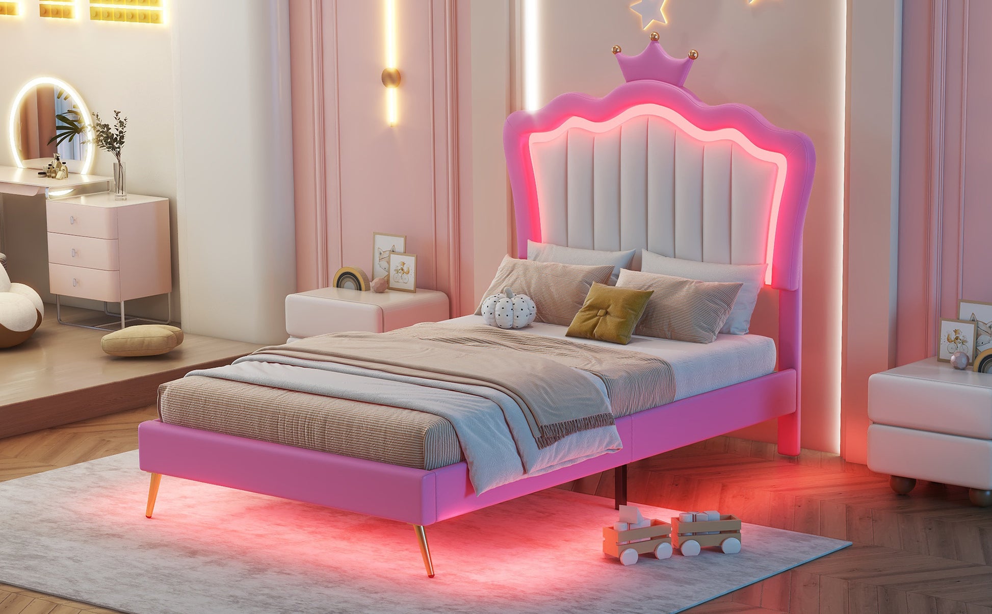 Twin Size Upholstered Bed Frame With Led Lights, Modern Upholstered Princess Bed With Crown Headboard, Pink White Box Spring Not Required Twin Pink White Wood Bedroom Modern Bed Frame Pu