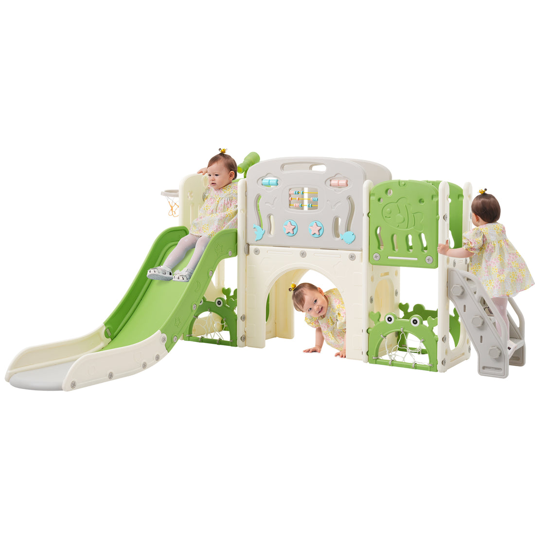 11 In 1 Toddler Slide, Kids Slide For Toddler Age 1 3 With Basketball Hoop, Kids Slide Playset Structure,Arch Tunnel And Telescope, Toy Storage Organizer For Toddlers, Kids Climbers Playground Green Cute 1 To 2 Years Hdpe Indoor & Outdoor Use