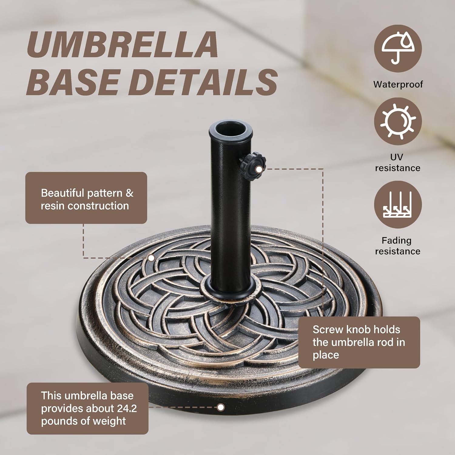 24.2 Lbs Heavy Duty Umbrella Base 17.72" Round Patio Umbrellas Stand For Outdoor, Lawn And Garden, Bronze Black Brown Resin