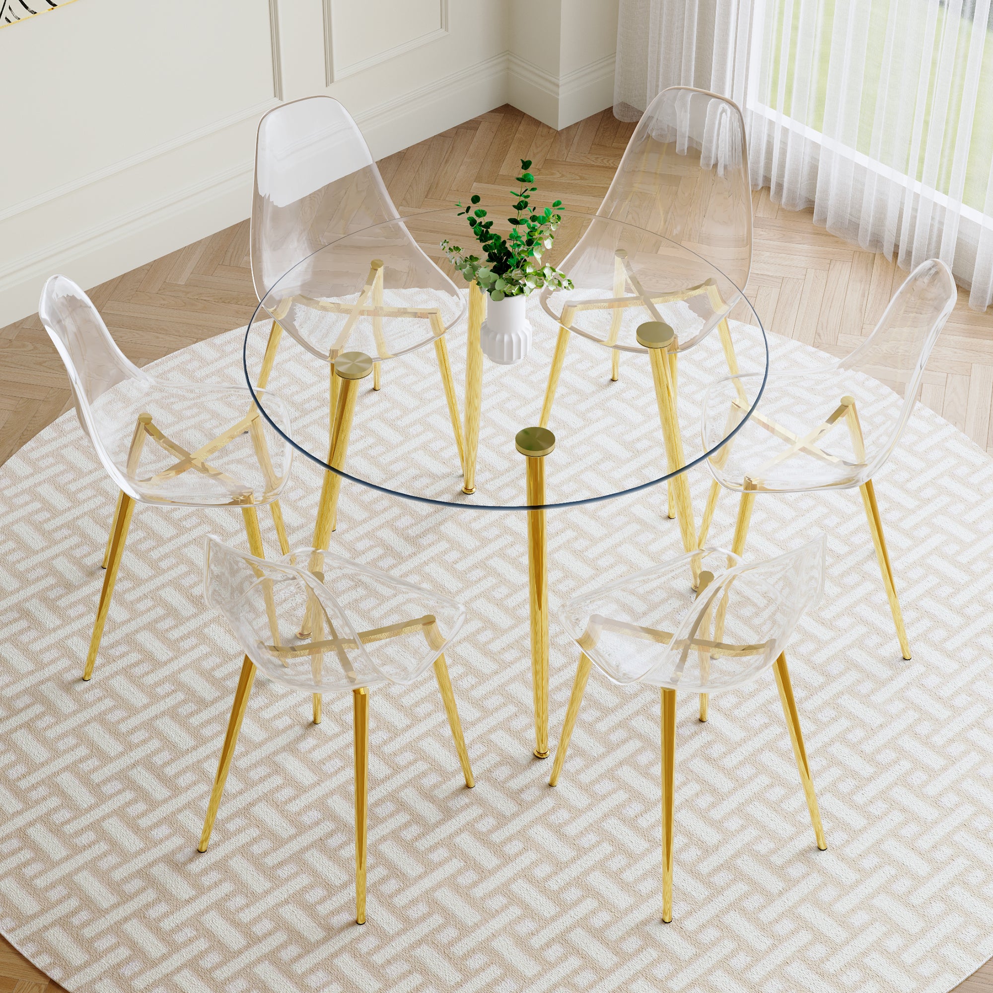 A Modern Minimalist Style Round Transparent Tempered Glass Table With Gold Metal Legs, Paired With 6 Modern Style Transparent Dining Chairs For A Luxurious Experience. Transparent Seats 6 Glass