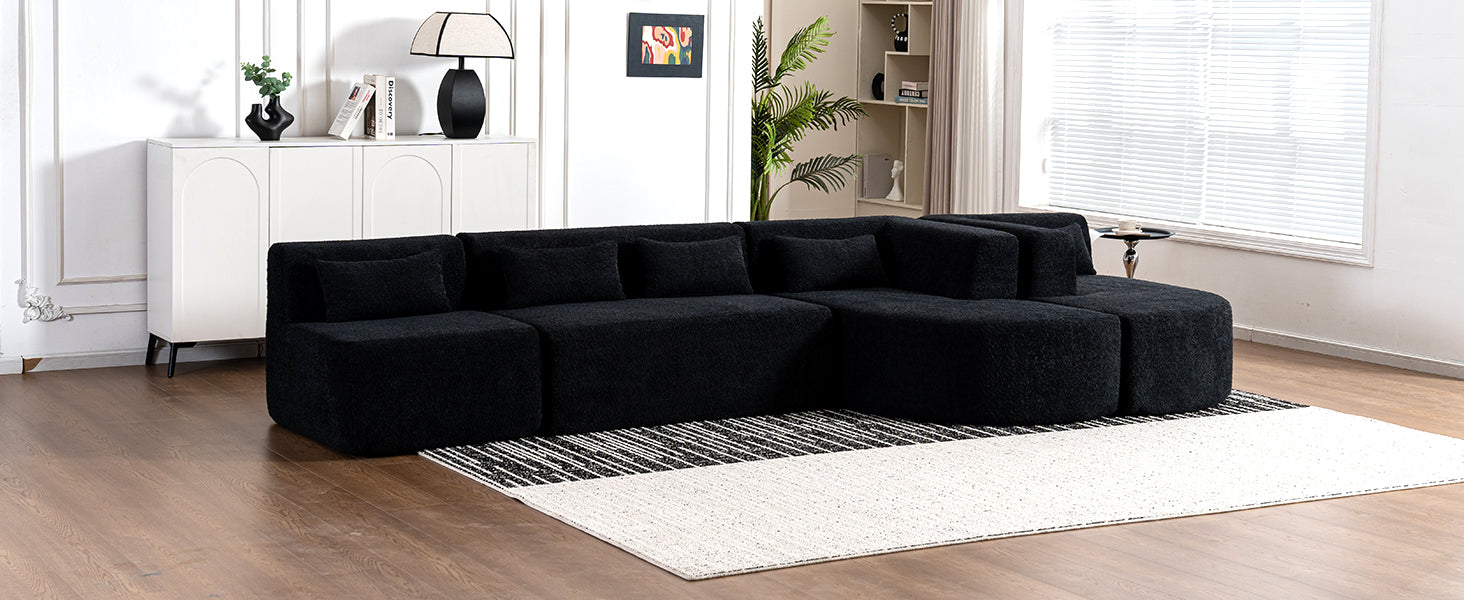 143.7" Upholstered Sofa Free Combined Sofa Couch With Two Chaise Lounge And Five Back Pillows For Living Room, Black Black Foam Polyester 5 Seat