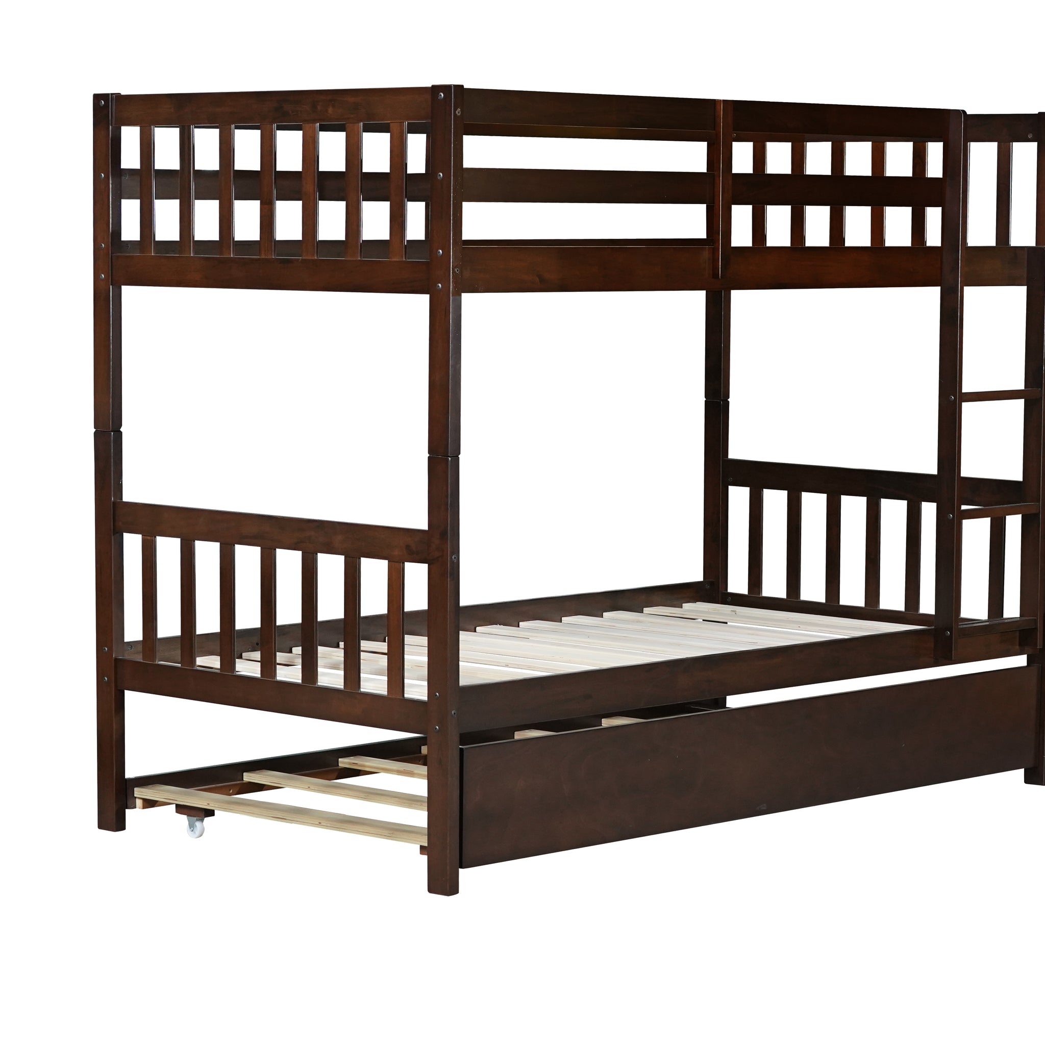 Twin Over Twin Rubber Wood Bunk Bed With Trundle, Convertible Into 2 Twin Size Beds, Twin Size Bunk Bed With Ladder And Safety Guardrails,Espresso Twin Espresso Rubber Wood