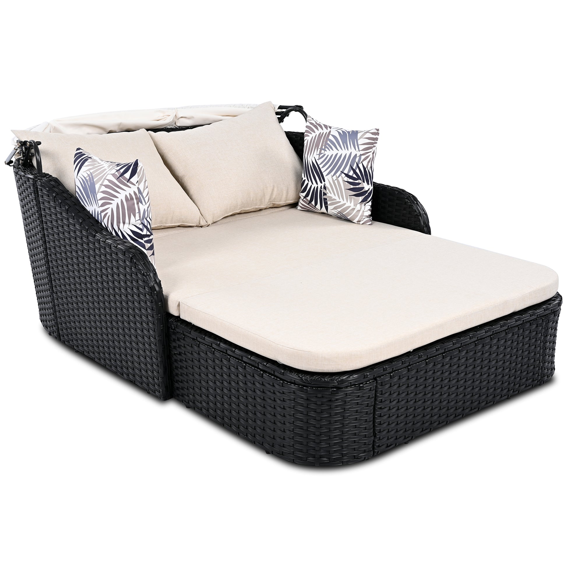 79.9" Outdoor Sunbed With Adjustable Canopy, Double Lounge, Pe Rattan Daybed, Black Wicker And Beige Cushion Yes Beige Black Wicker