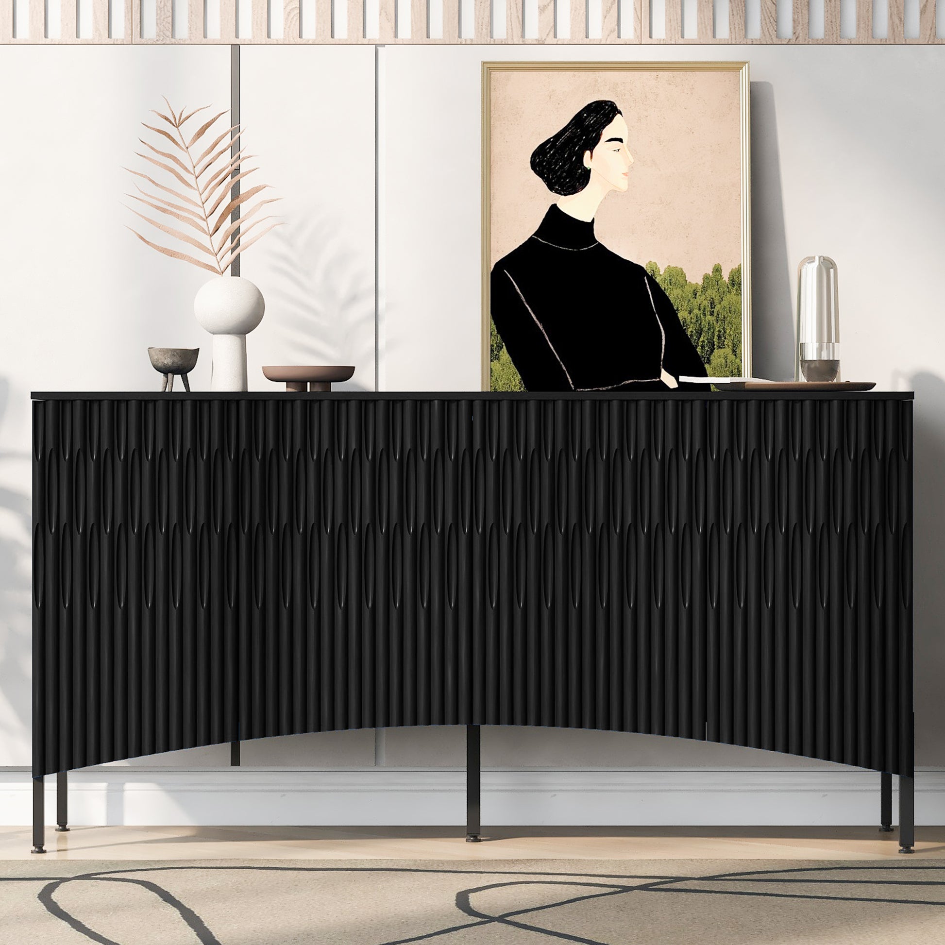 Elegant Sideboard Featuring Curved Bottom Doors With Arched Groove Design In A Stylish Four Door Layout,Suitable For Living Rooms,Entrance And Study Black Primary Living Space American Design Mdf