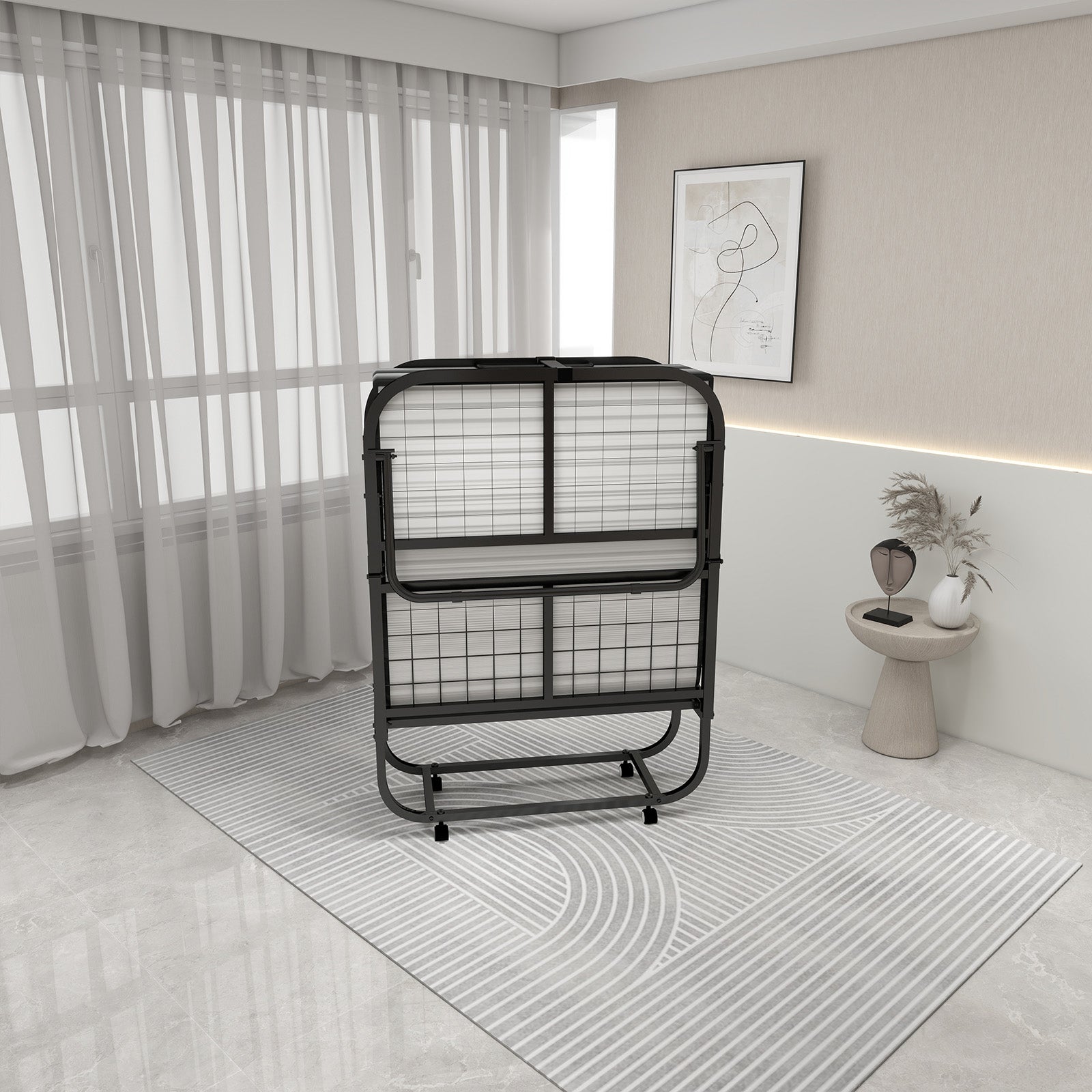 Deluxe Diplomat Folding Bed Twin Size With Luxurious Memory Foam Mattress And A Super Strong Sturdy Frame White Black Metal