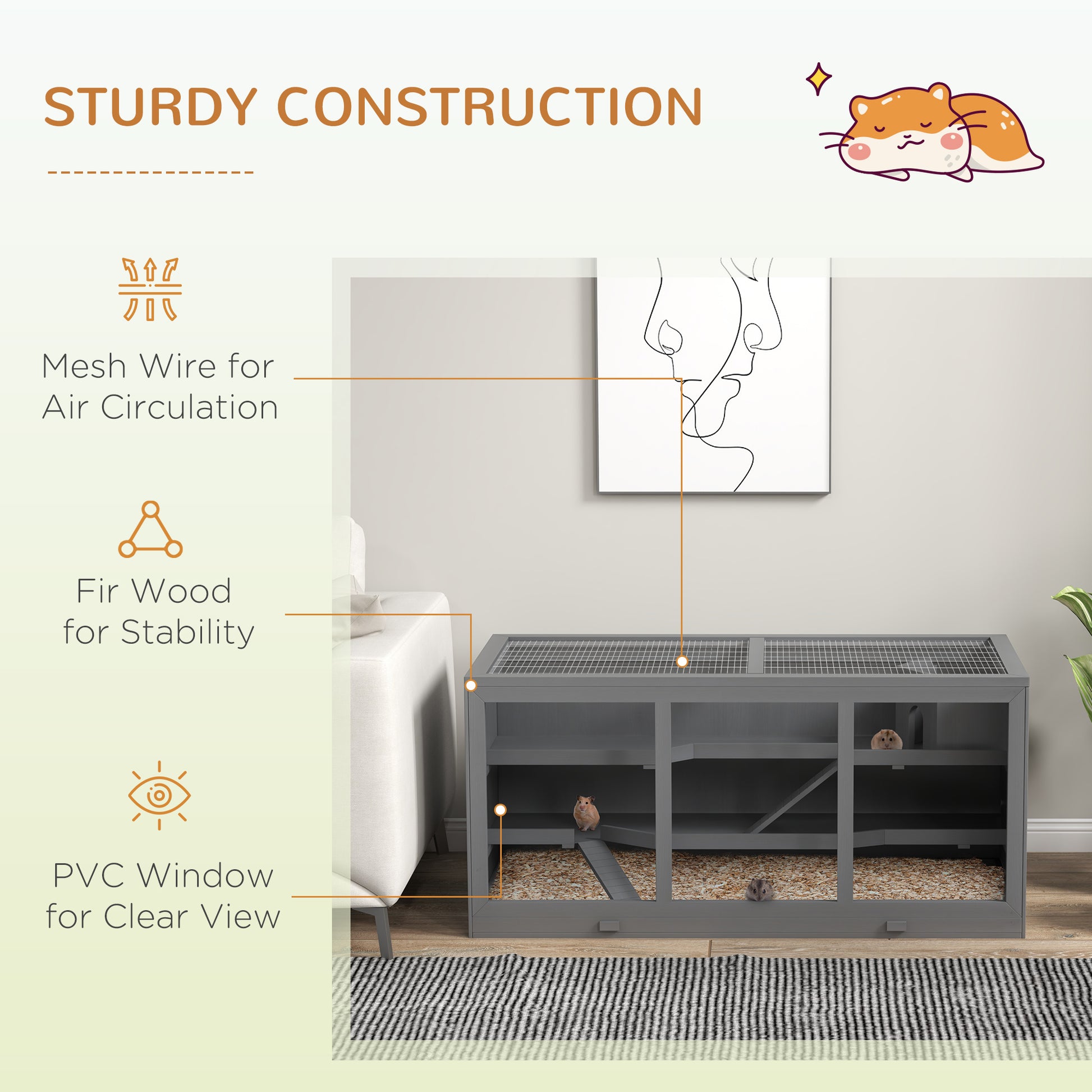 Pawhut Extra Large Wooden Hamster Cage, Gerbil Cage, And Other Small Animal Habitat, Hamster Habitat With Opening Roof, Hut, Ramps, Gray Gray Wood