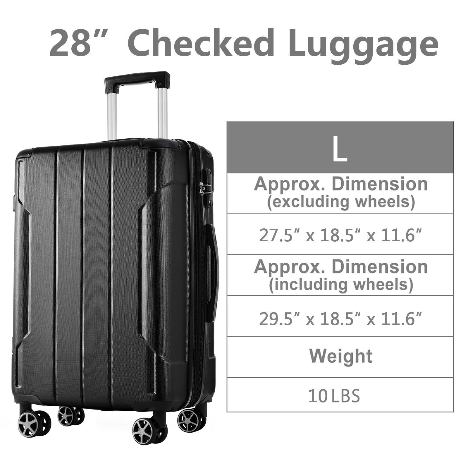 Hardshell Luggage, Lightweight Durable Abs Suitcases With Double Wheels, Expandable 28 Inch Checked Luggage 28" Single Luggage Black Abs