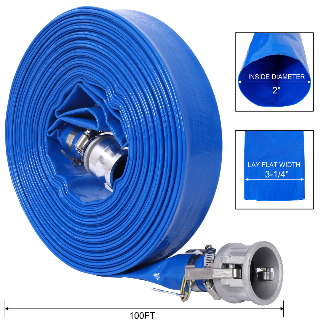 2"X100Ft Pool Backwash Hose, Heavy Duty Reinforced Blue Pvc Lay Flat Water Discharge Pump Hoses For Swimming Drain Pools And Clean Filters, With Aluminum Camlock C And E Fittings Blue Pvc