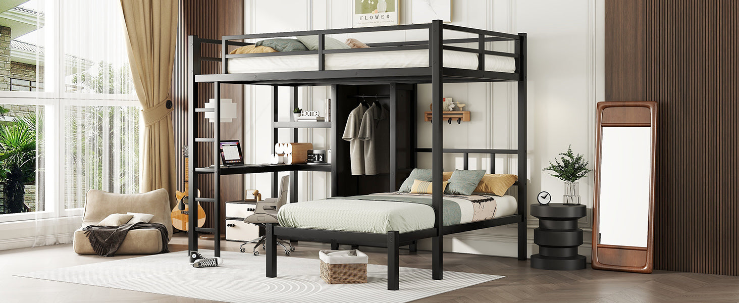 Metal Full Xl Over Twin Bunk Bed With Desk,Bookshelf ,Storage Shelves And Wardrobe,Black Black Metal