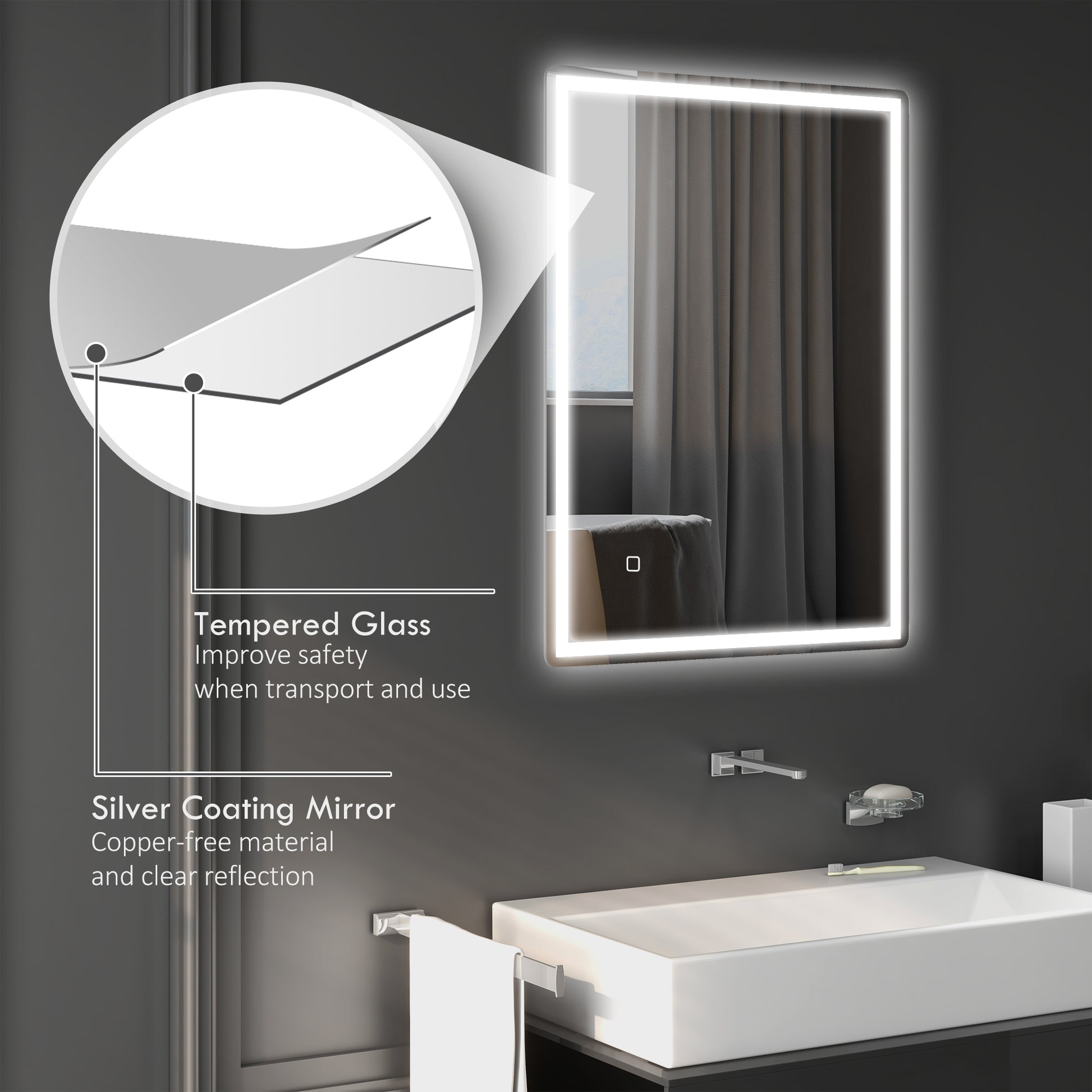 Homcom 32" X 24" Dimmable Bathroom Mirror With Lights, 3 Colors & Defogging Silver Tempered Glass