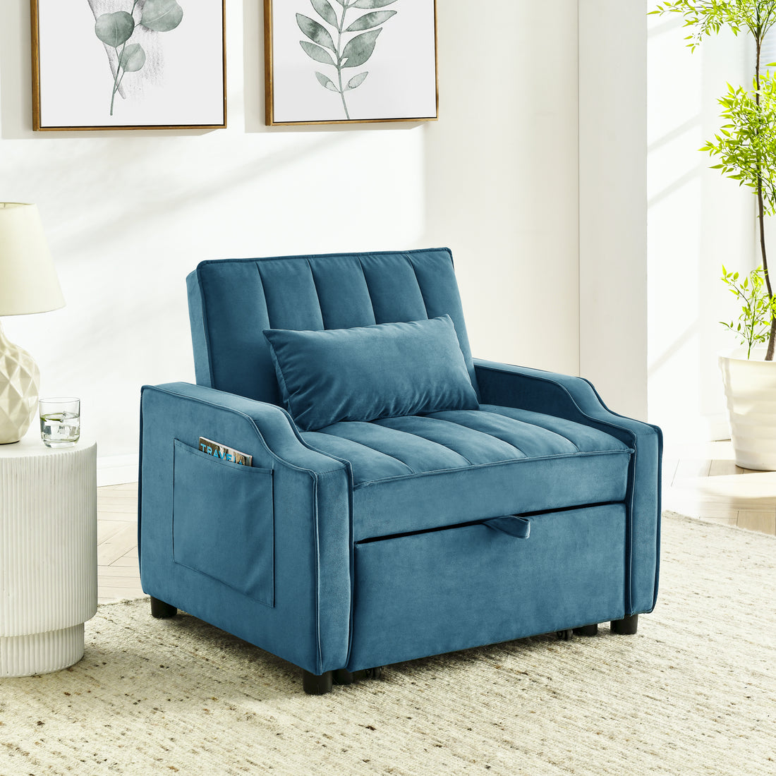 Modern Velvet Armchair Sofa Couch Pull Out Bed,3 In One Convertible For Living Room Sofa Bed,Blue Blue Primary Living Space Medium Soft Cushion Back Medium Duty American Design Pillow Top Arms Foam Velvet 1 Seat