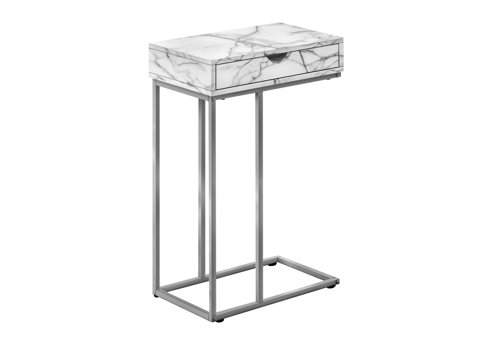 Accent Table, C Shaped, End, Side, Snack, Storage Drawer, Living Room, Bedroom, White Marble Look Laminate, Grey Metal, Contemporary, Modern White Particle Board