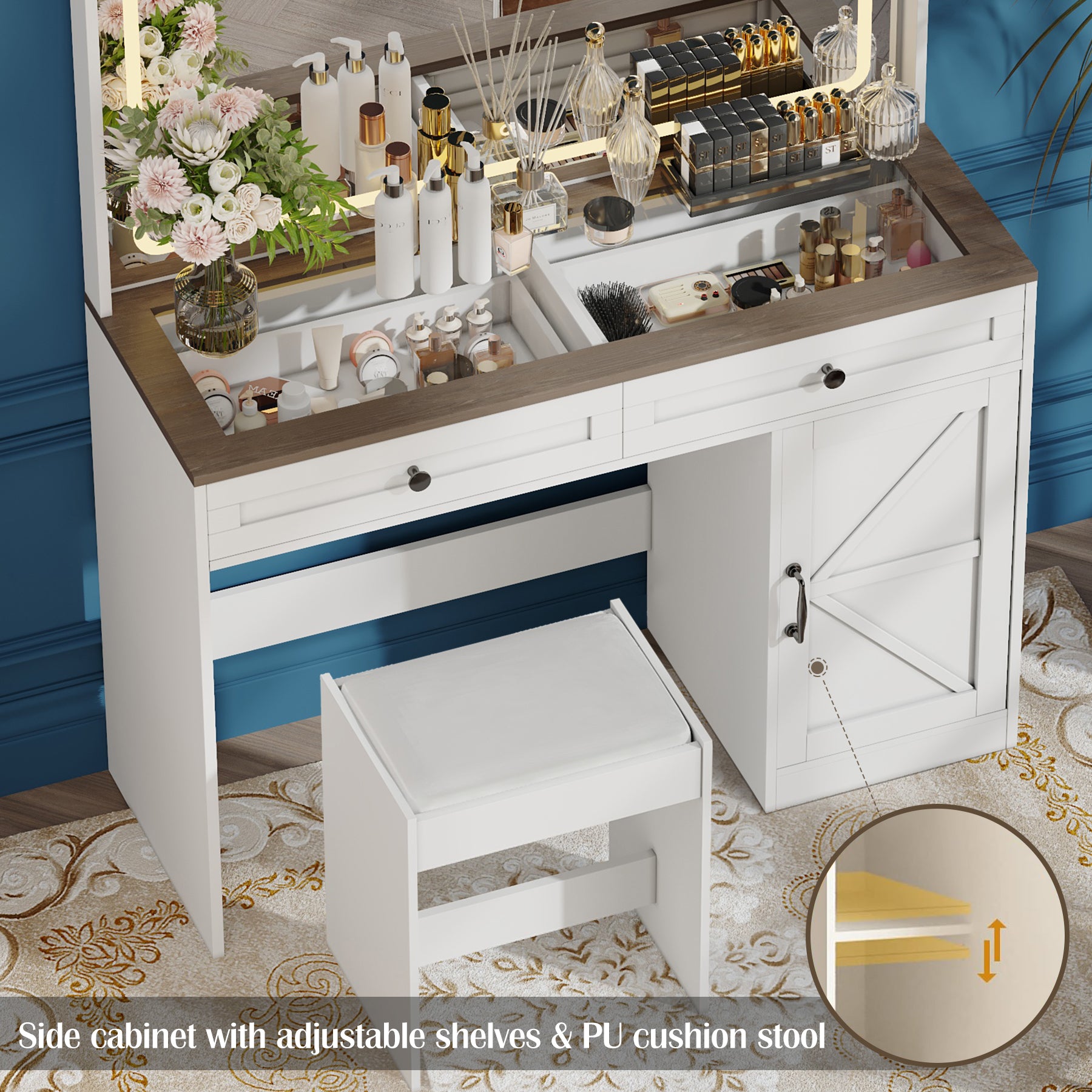 43.3"Makeup Vanity Table, Makeup Table With Large Mirror And Led Light Strip, Brightness Adjustable, Dressing Table Desk With 3 Drawers, Vanity Desk For Women White With Stool White Particle Board
