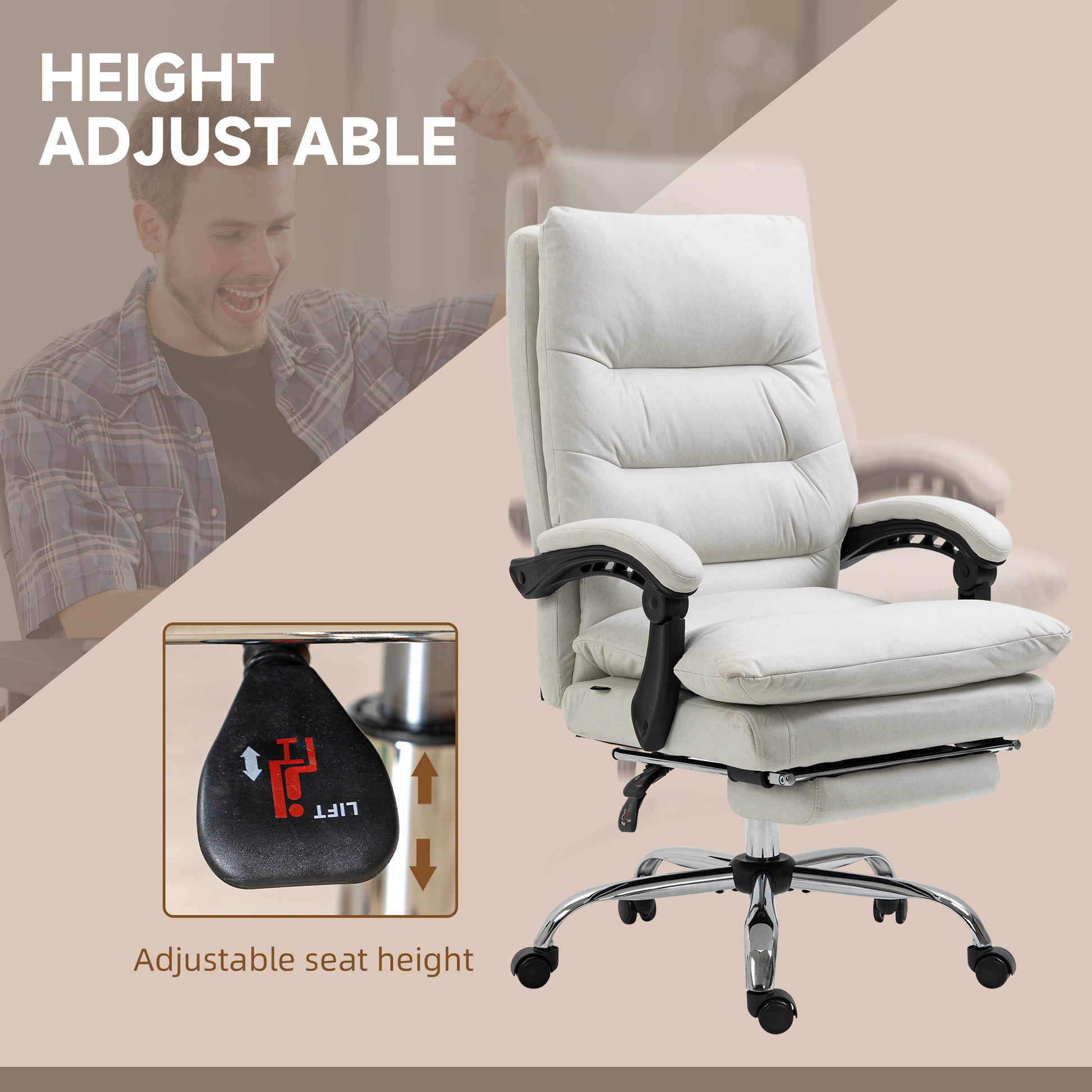 Vinsetto Microfibre Executive Massage Office Chair, Computer Desk Chair, Heated Reclining Chair With Footrest, Double Tier Padding, Swivel Wheels, Cream White Cream White Polyester