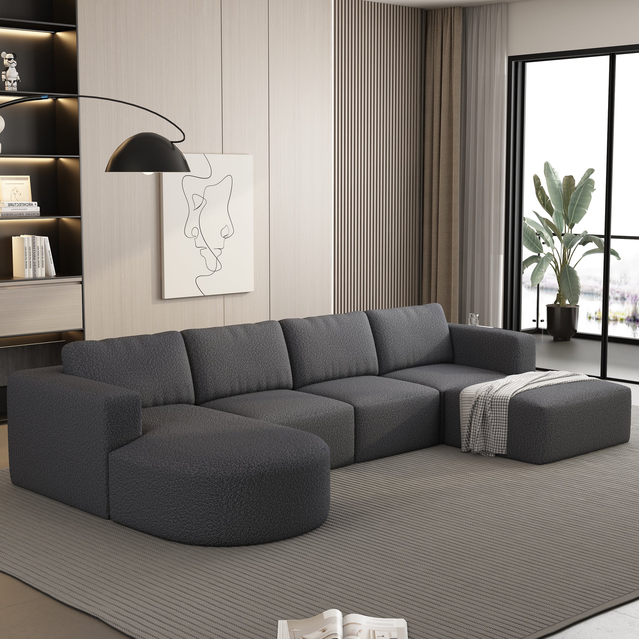 133.84*70.86 Modular Sectional Sofa Sleeper Couch, Sectional Sofa With Chaise And Ottoman, Convertible U Shaped Modular Sofa Set. Compressed Sponge, Dark Grey. Combo 2A B C D Dark Grey Primary Living Space Soft Minimalist,Modern Foam Spring 6 Seat